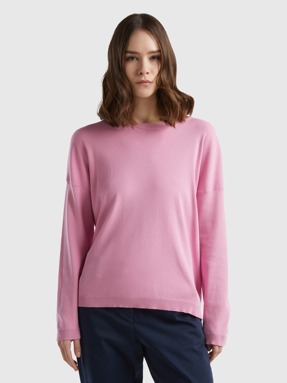 Benetton, Cotton Sweater With Round Neck, Pastel Pink, Women