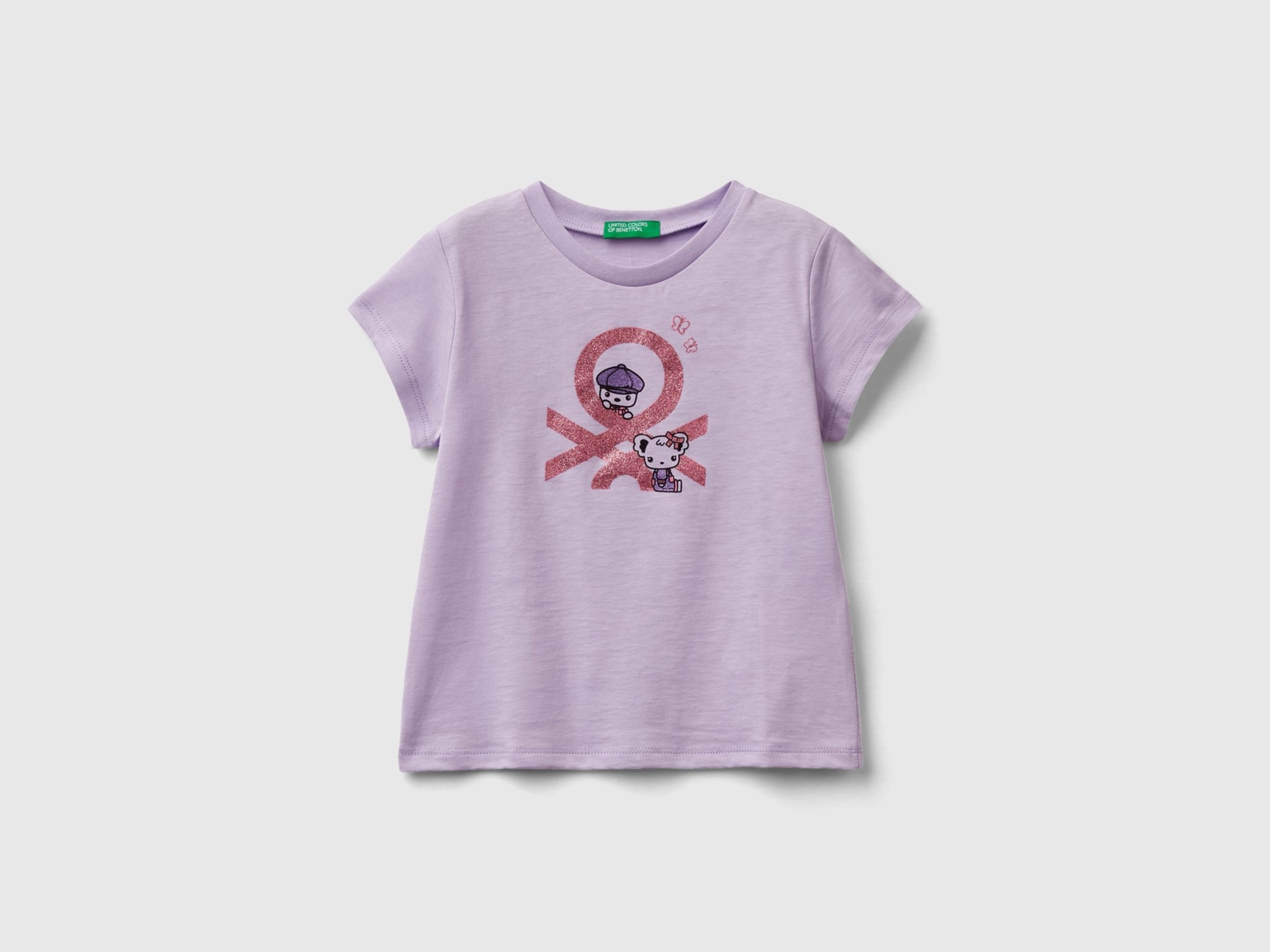Image of Benetton, T-shirt With Print In Organic Cotton, size 110, Lilac, Kids