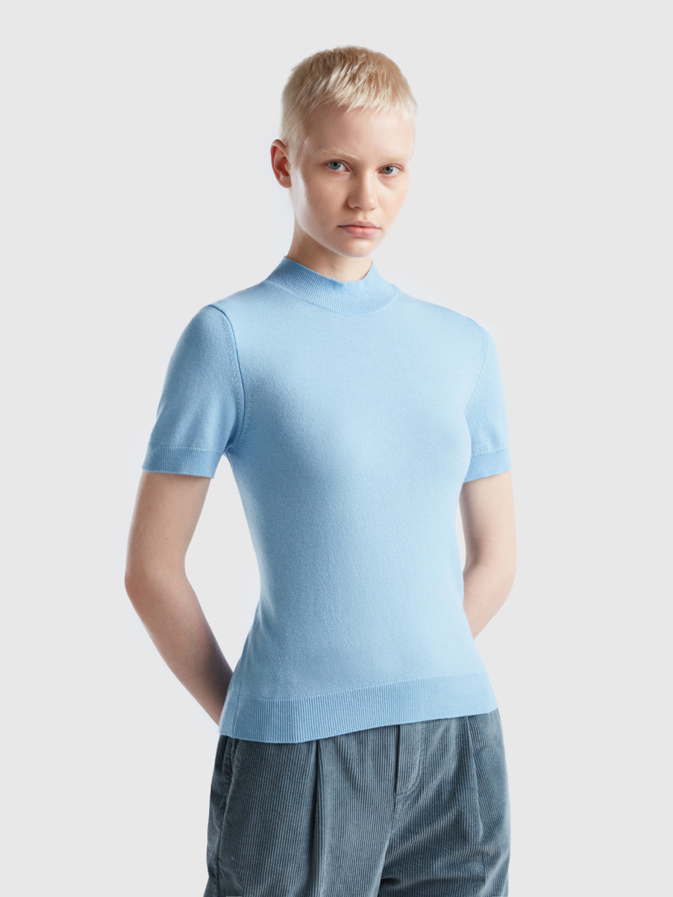 Benetton, Sky Blue Short Sleeve Sweater In Cashmere Blend, Light Blue, Women