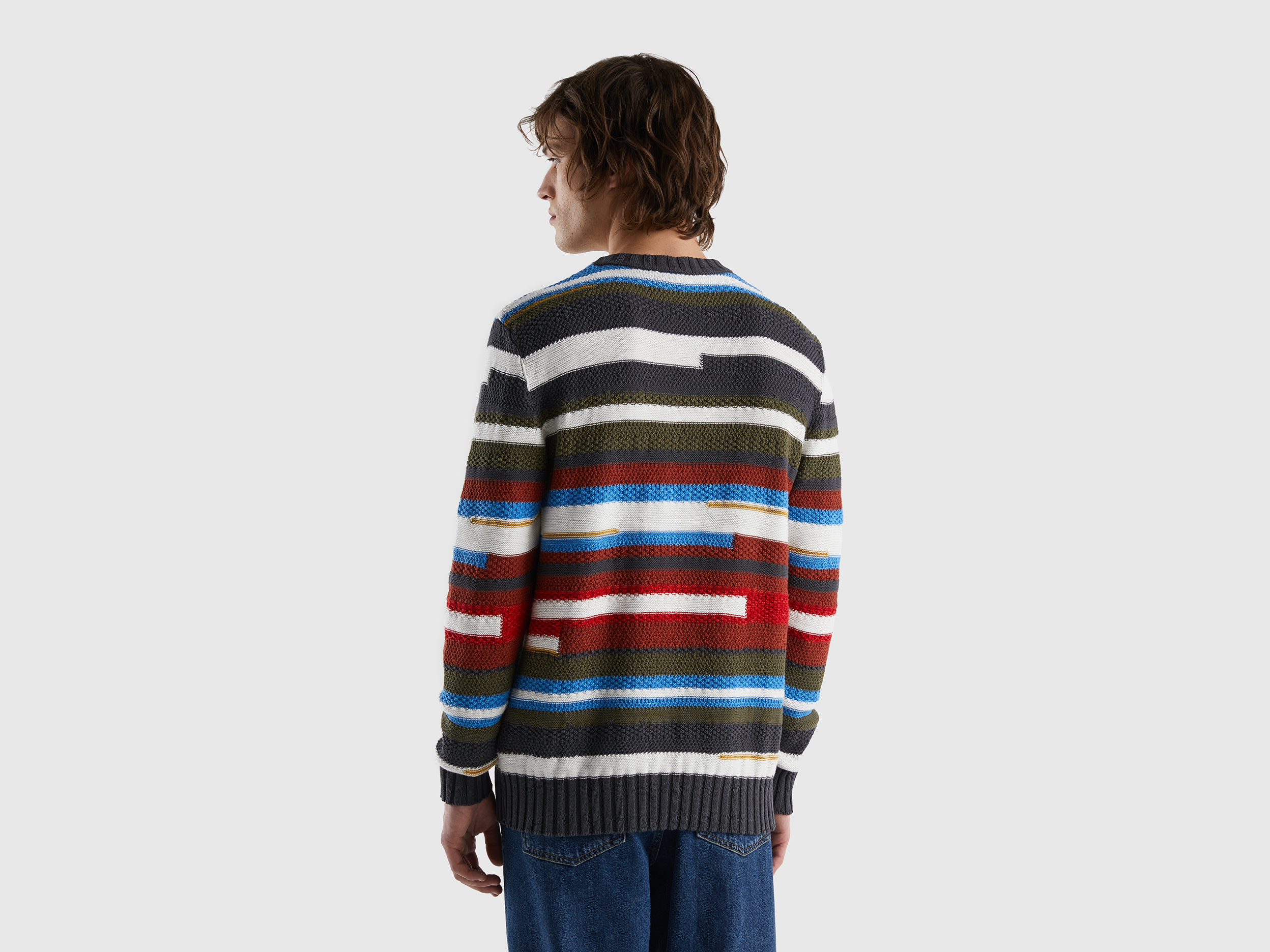 Benetton, Sweater With Multicolored Stripes, Taglia Xxl, Multi-Color, Men