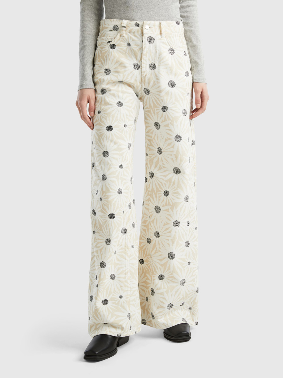 Benetton, Wide Trousers With Floral Print, Creamy White, Women