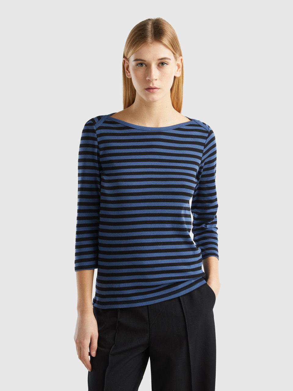 Benetton, Striped 3/4 Sleeve T-shirt In 100% Cotton, Air Force Blue, Women