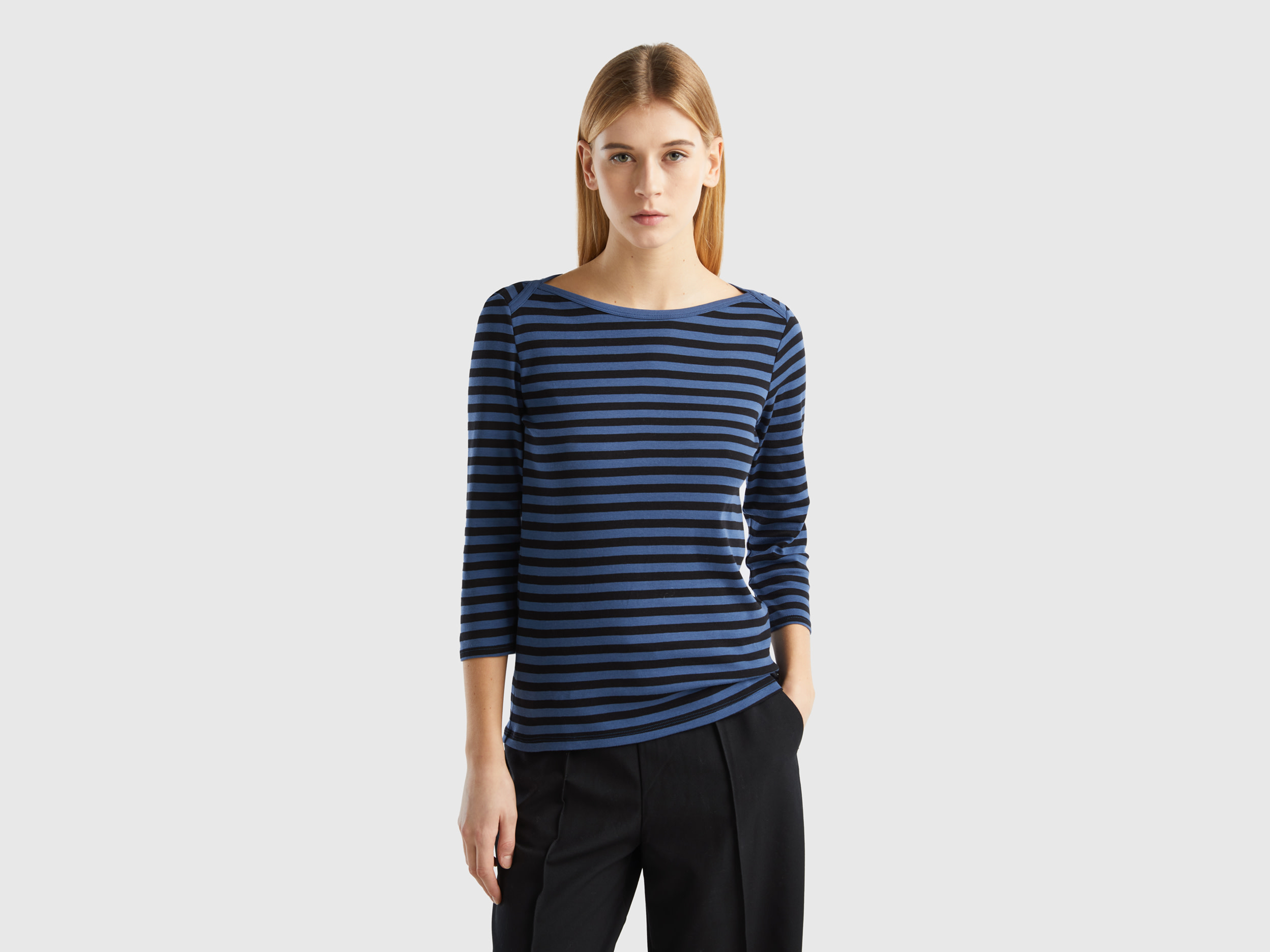 Benetton, Striped 3/4 Sleeve T-shirt In 100% Cotton, size L, Air Force Blue, Women