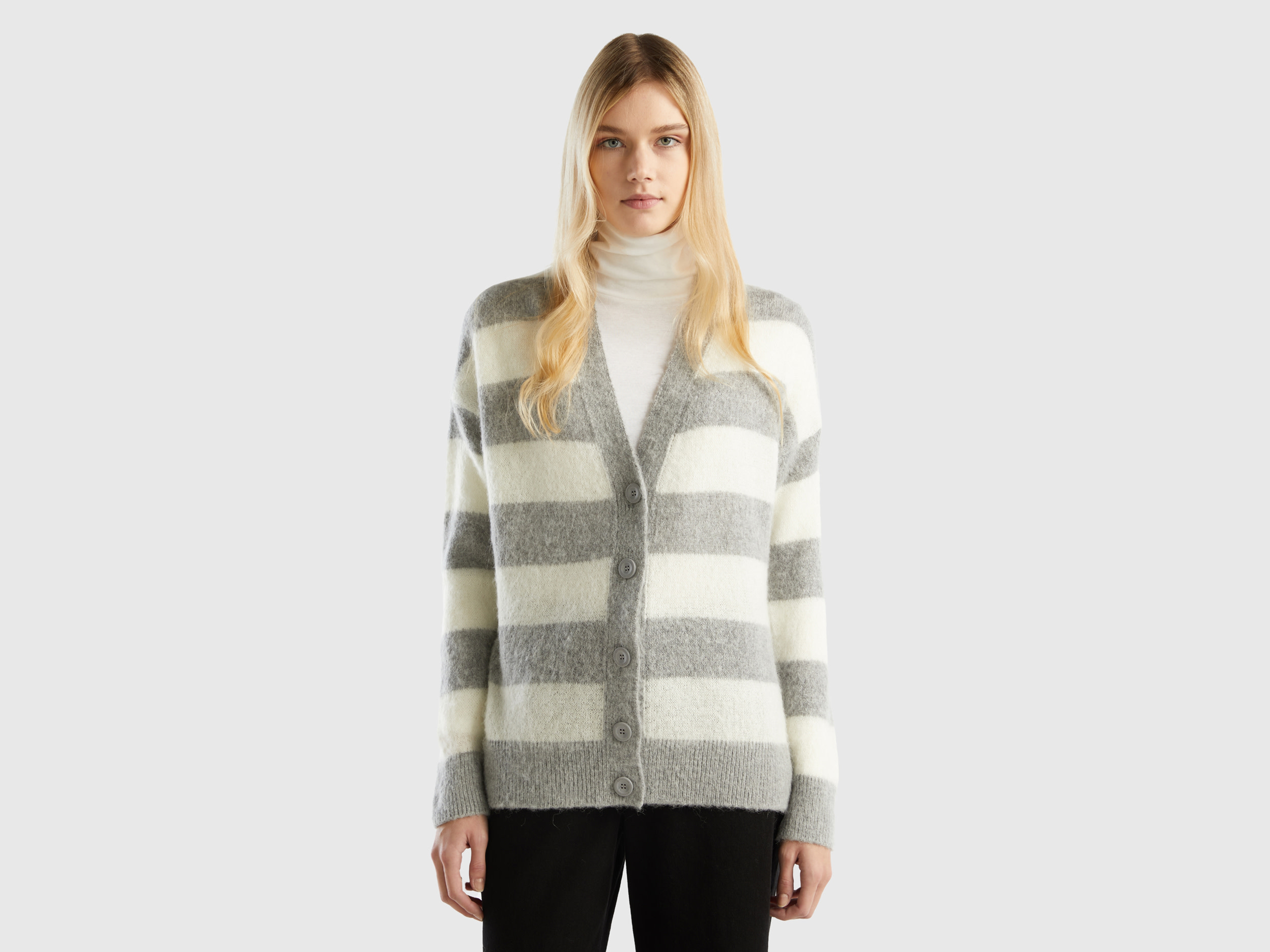 Benetton, Striped Cardigan In Alpaca Blend, size L-XL, Light Gray, Women