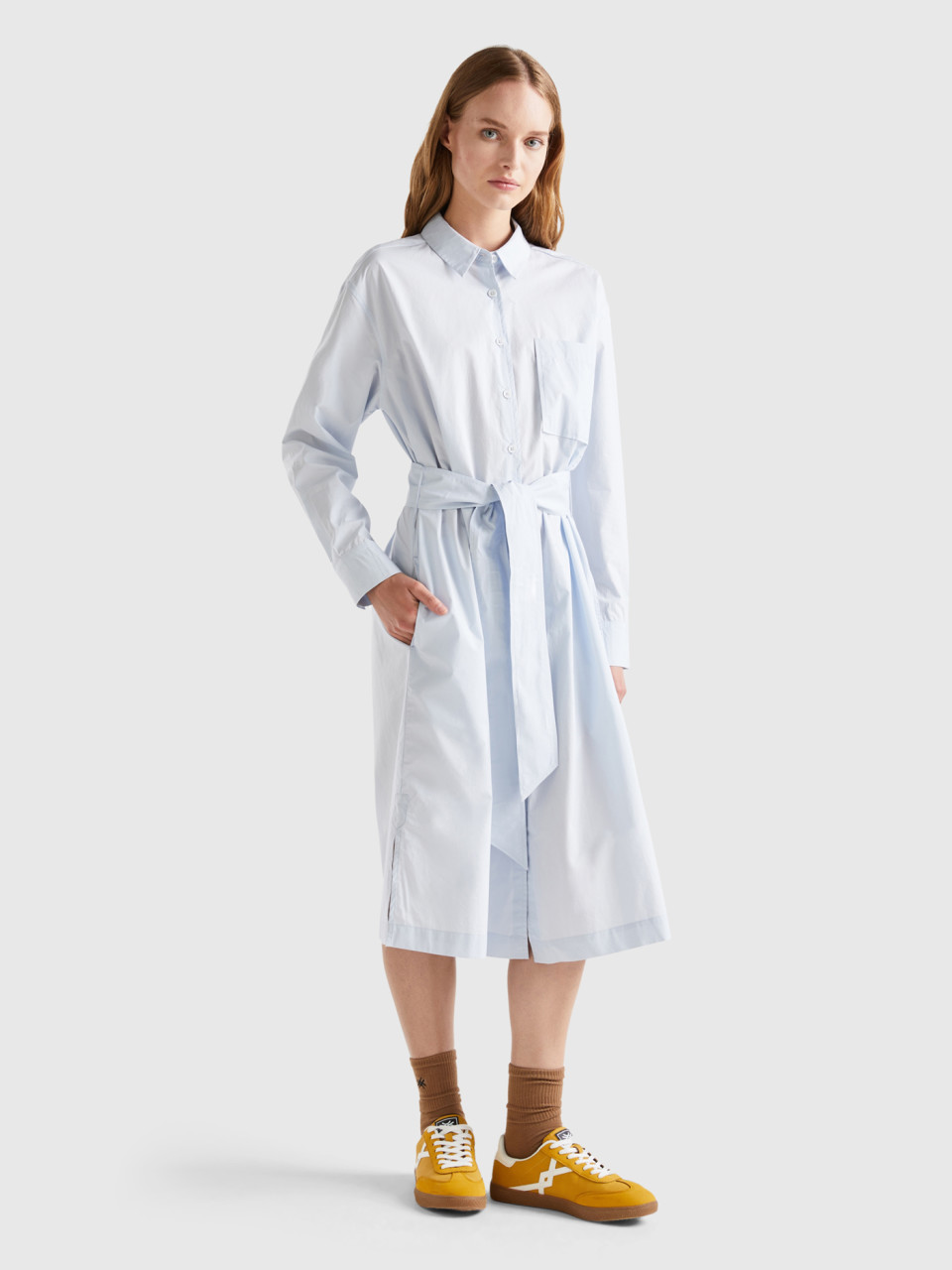 Benetton, Midi Shirt Dress With Belt, White, Women