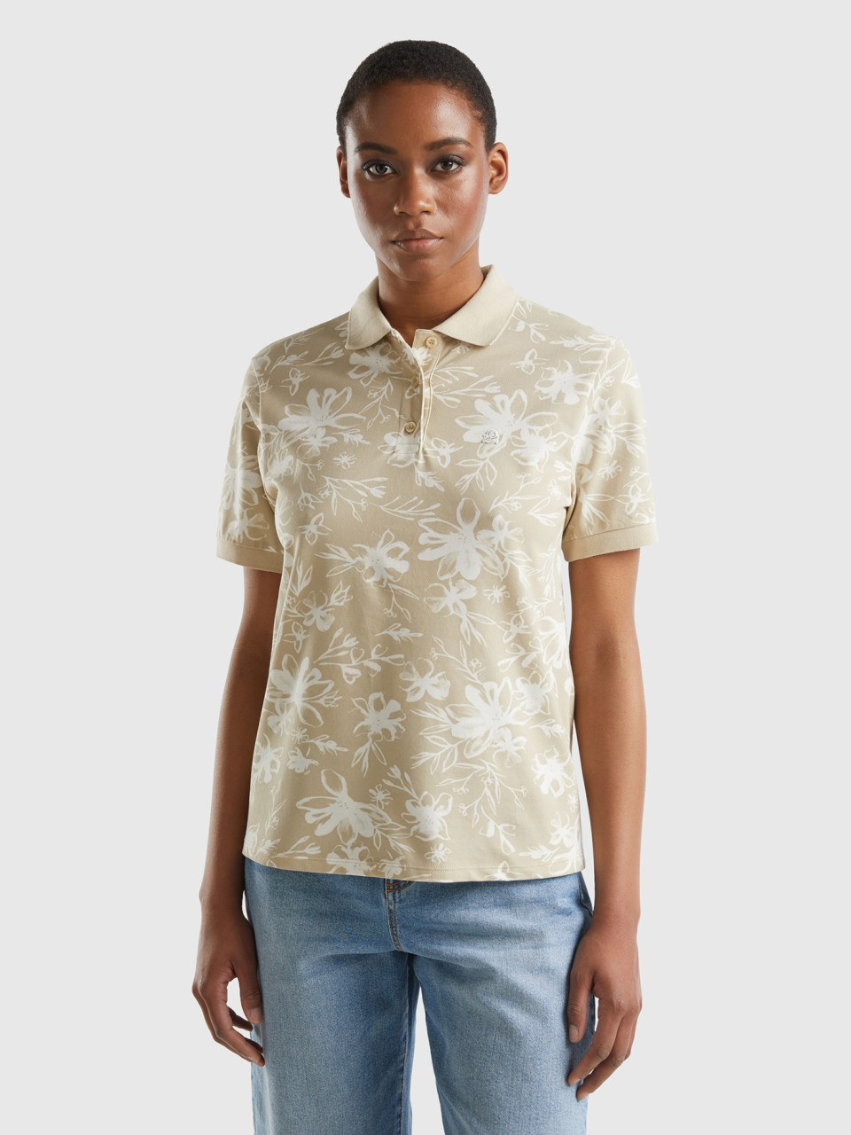 Benetton, Beige Polo With Floral Print, Beige, Women