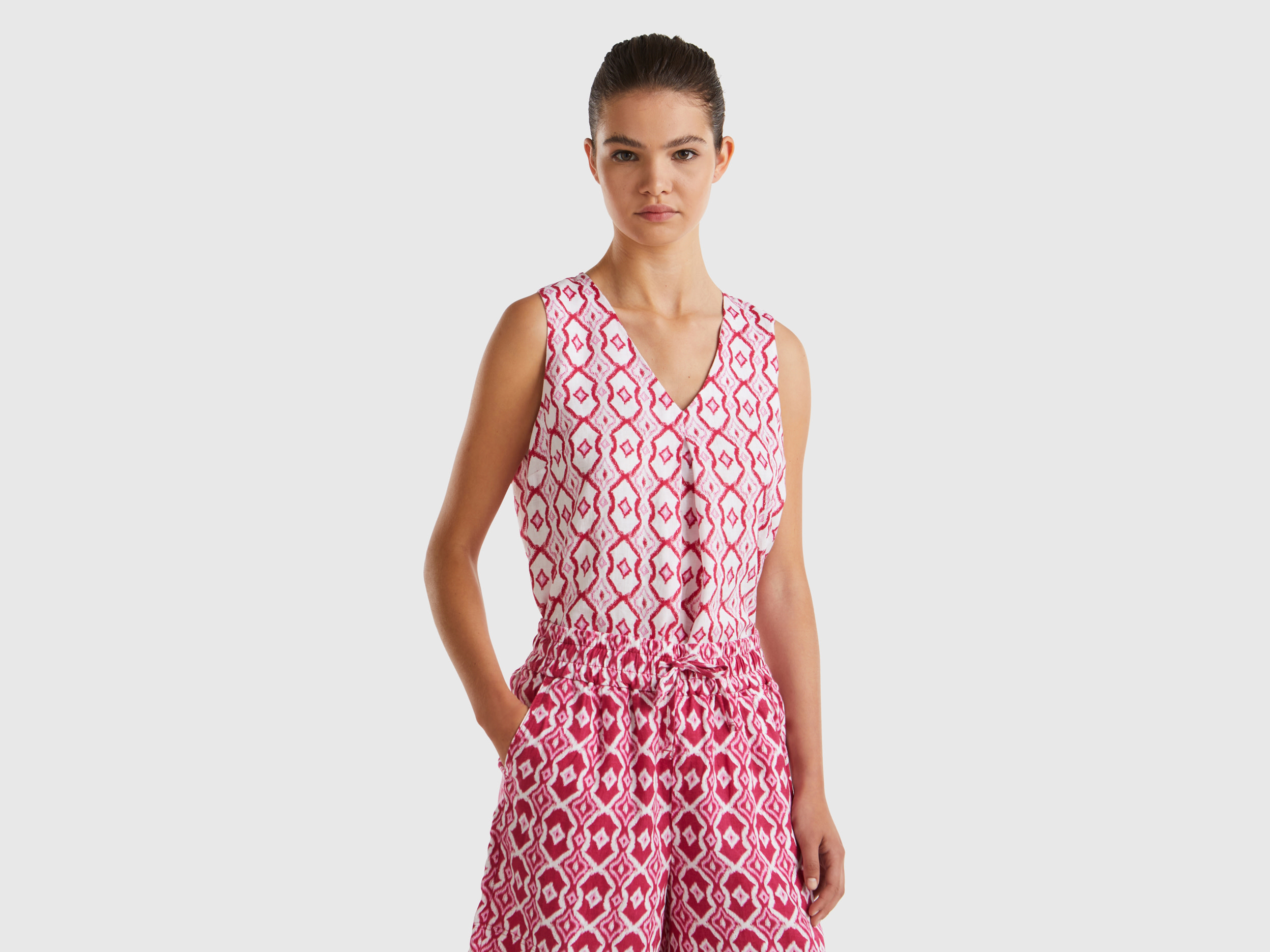 Benetton, Blusa In Lino Stampato, Ciclamino, Donna