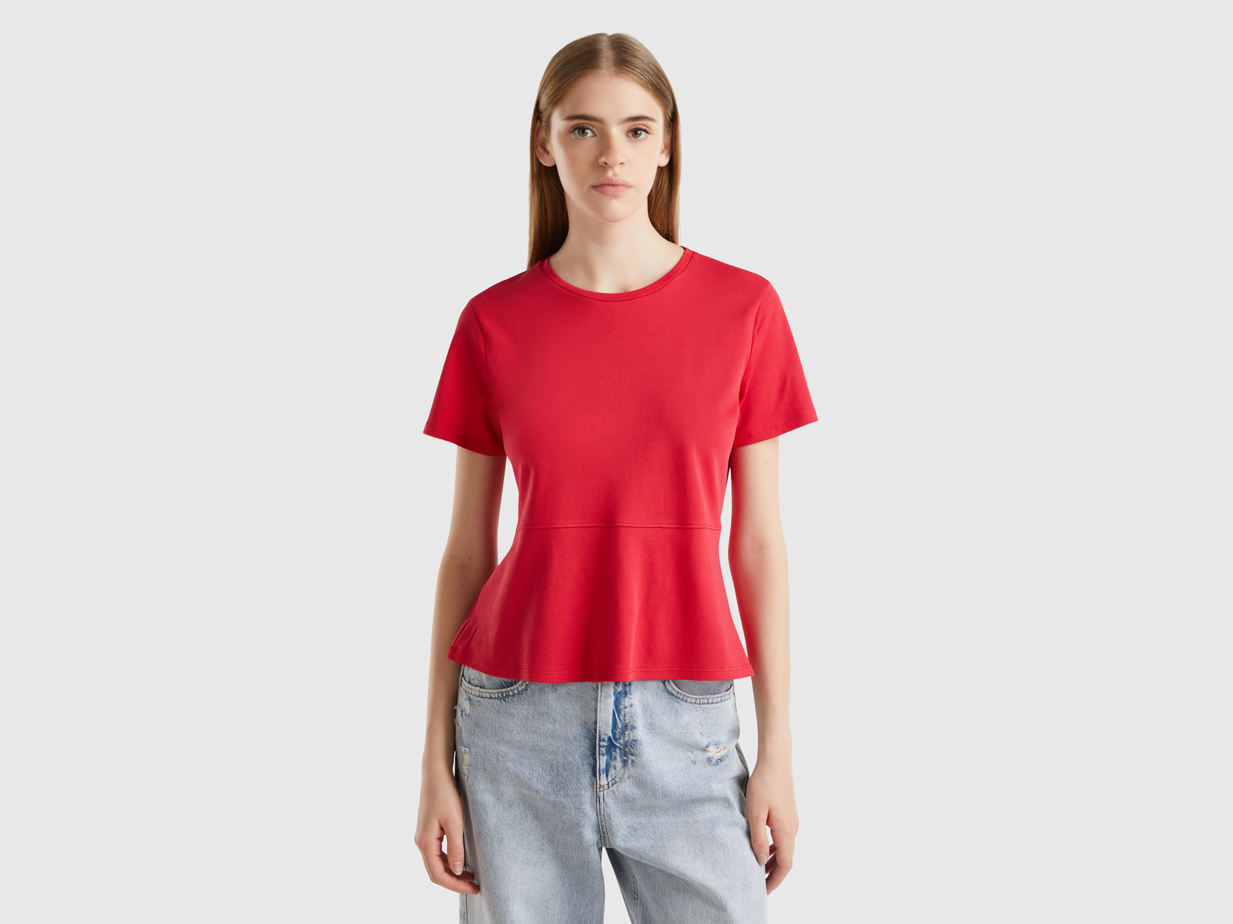 Benetton, T-shirt Slim Fit In Cotone Bio, Prugna, Donna