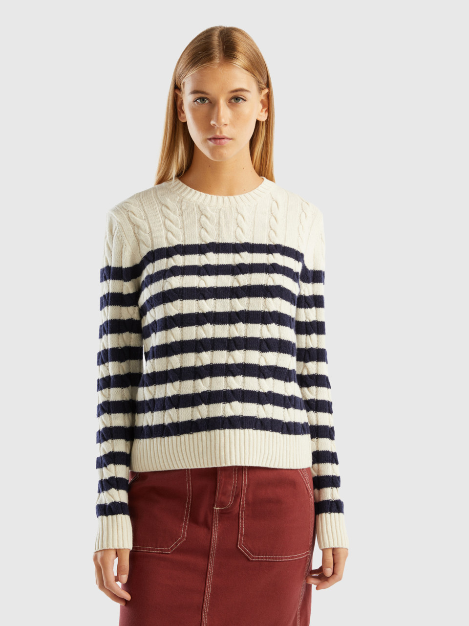 Benetton, Striped Sweater With Cables, White, Women