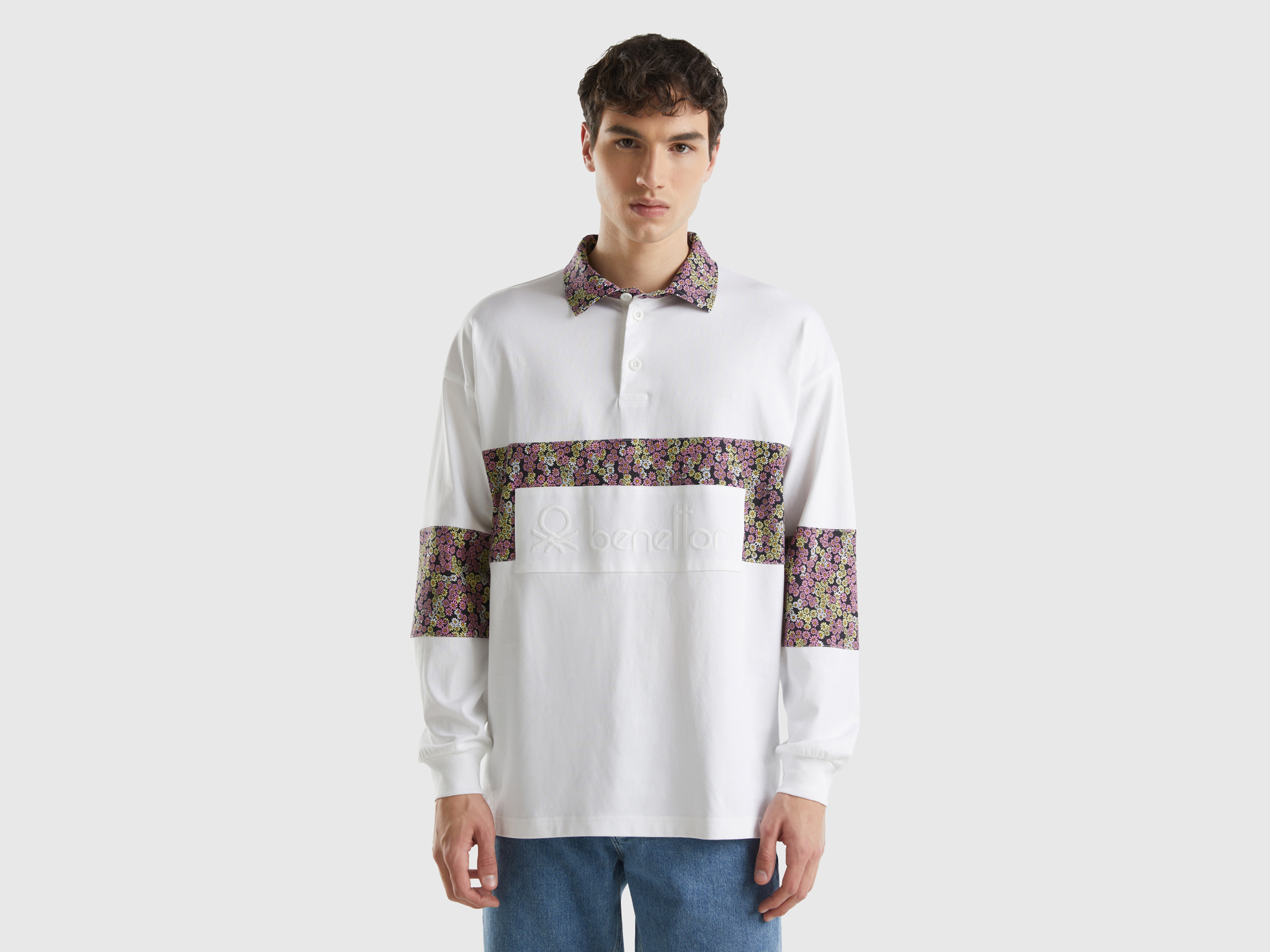Benetton, Polo Rugby Con Dettagli Floreali, Bianco, Uomo