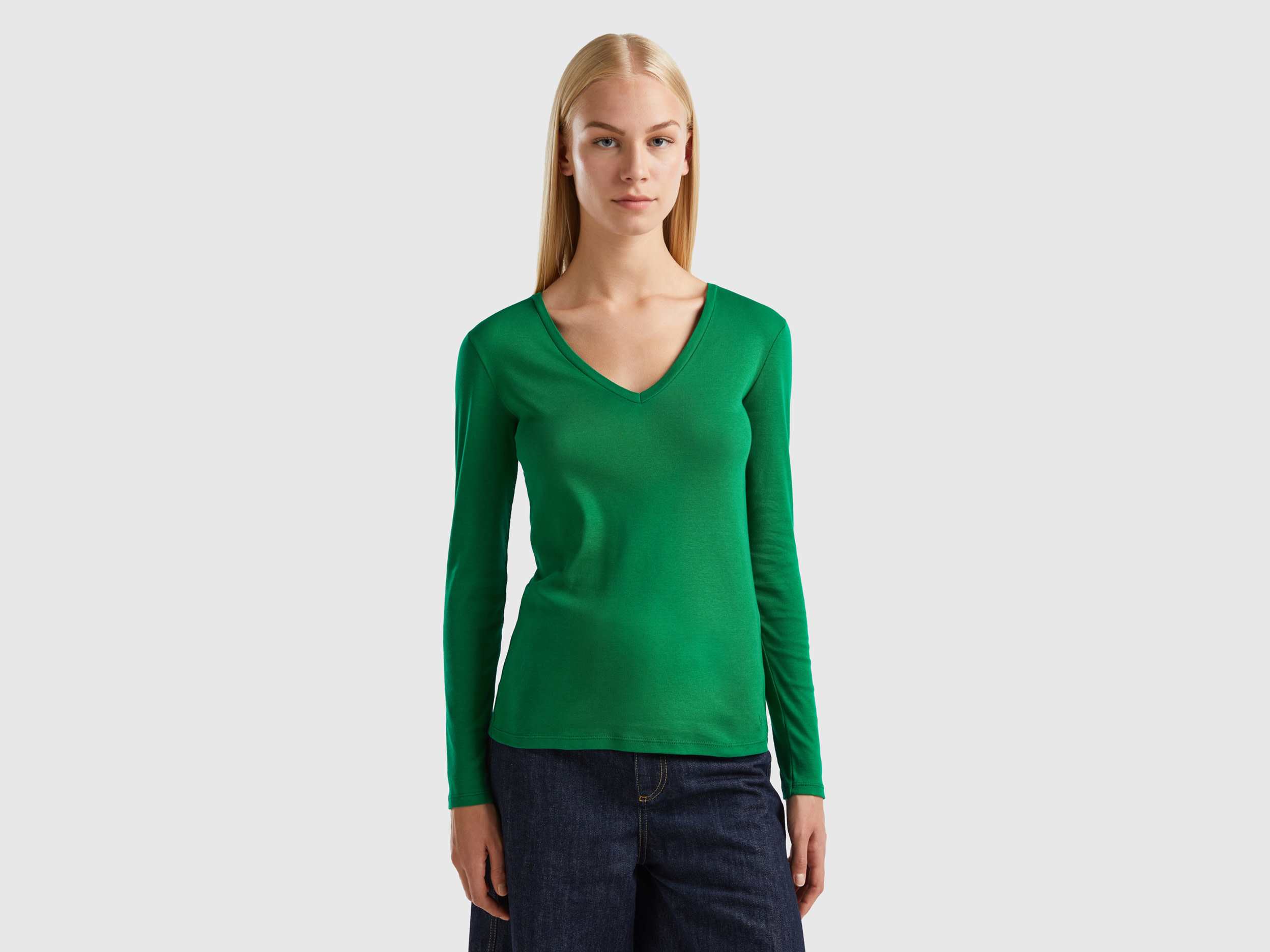Benetton, Long Sleeve T-shirt With V-neck, size XS, Green, Women