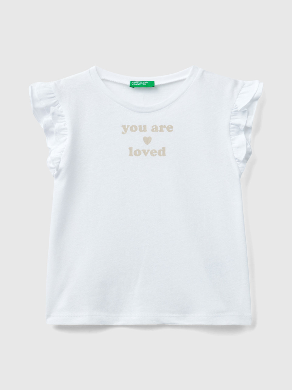 Benetton, T-shirt With Ruffles And Print, White, Kids