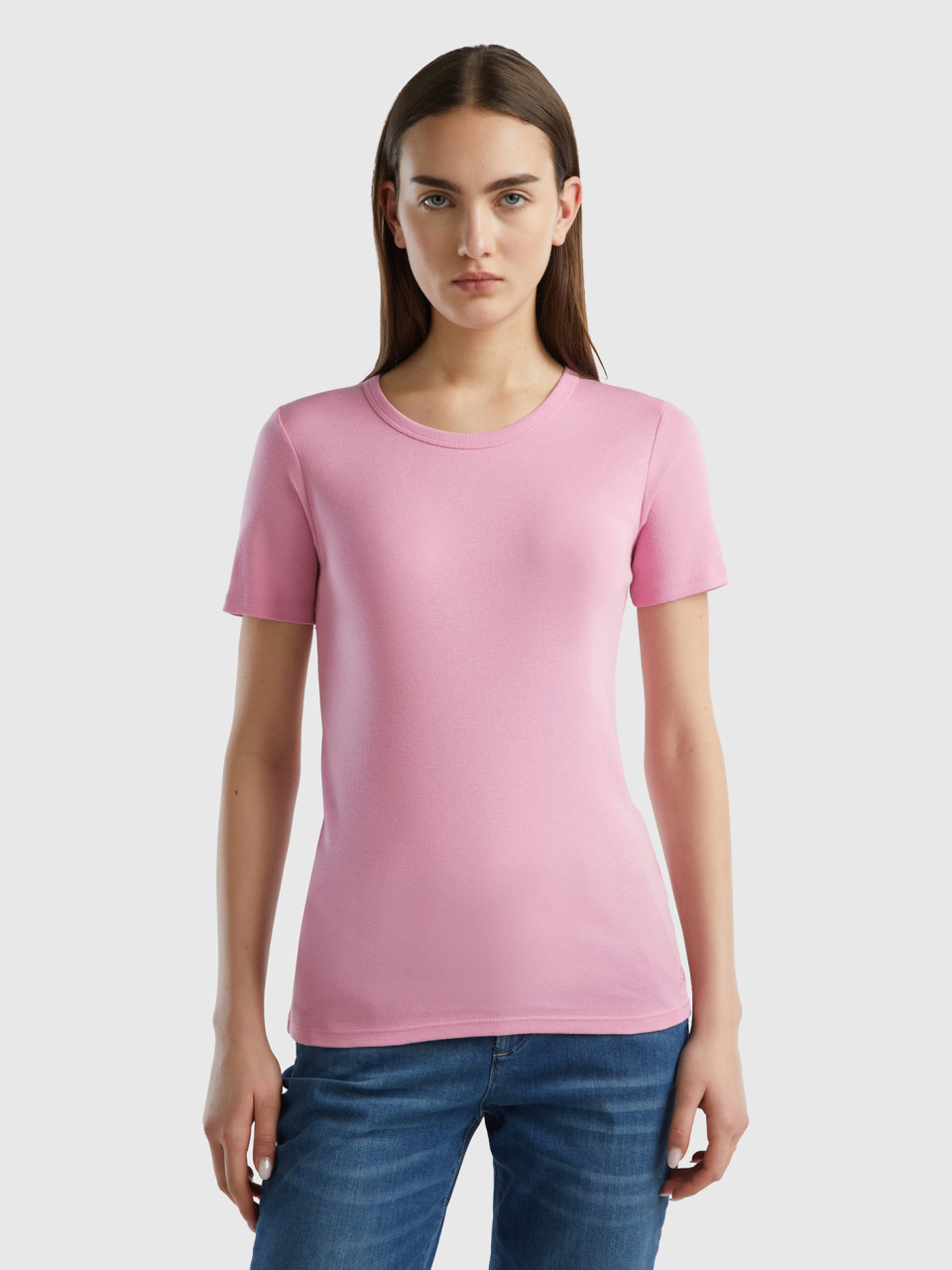 Benetton, T-shirt En Coton Longues Fibres, Rose Pastel, Femme