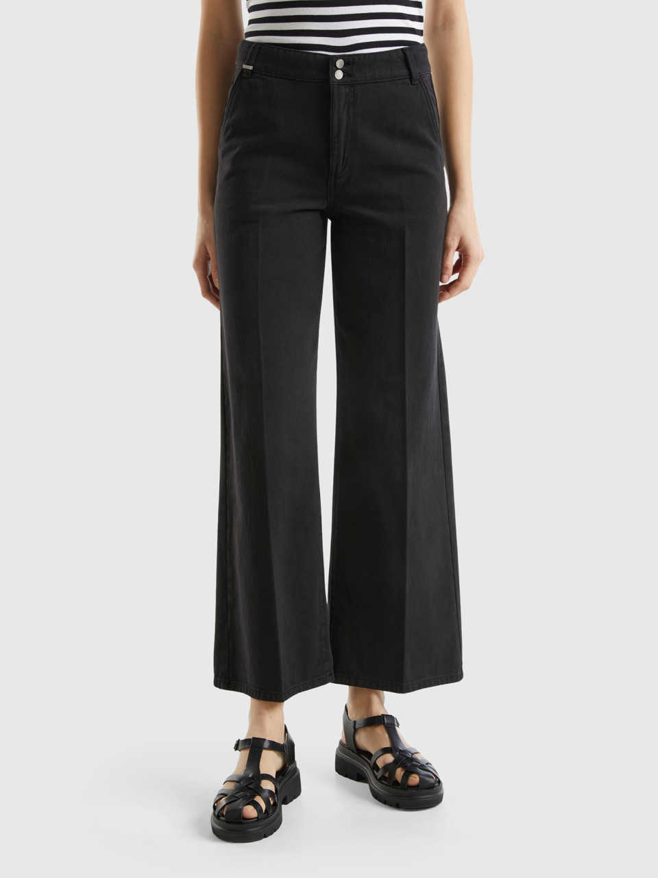 Benetton, High-waisted Trousers With Wide Leg, Black, Women