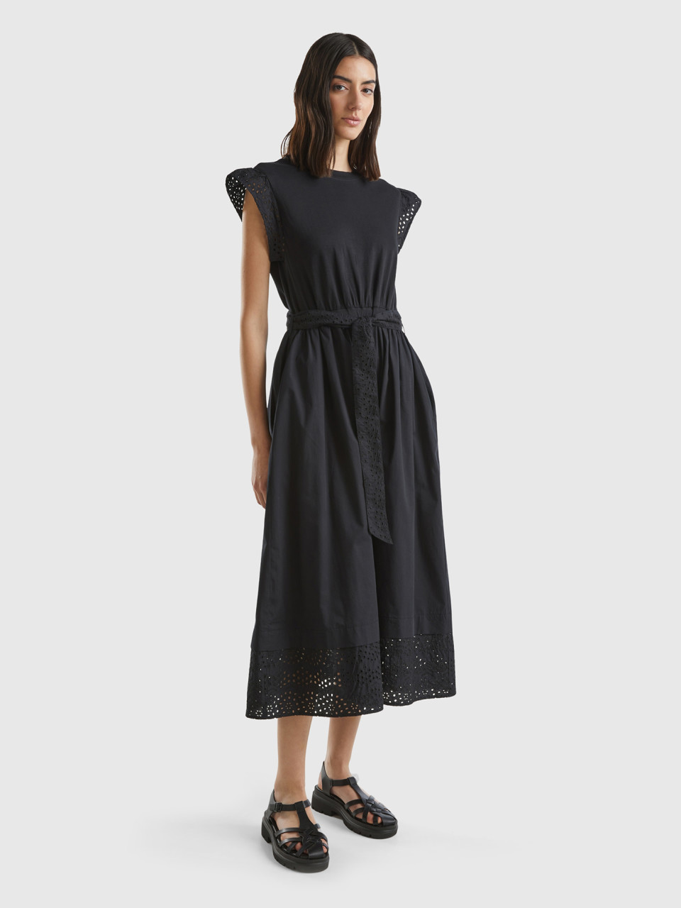 Benetton, Dress With Broderie Anglaise, Black, Women