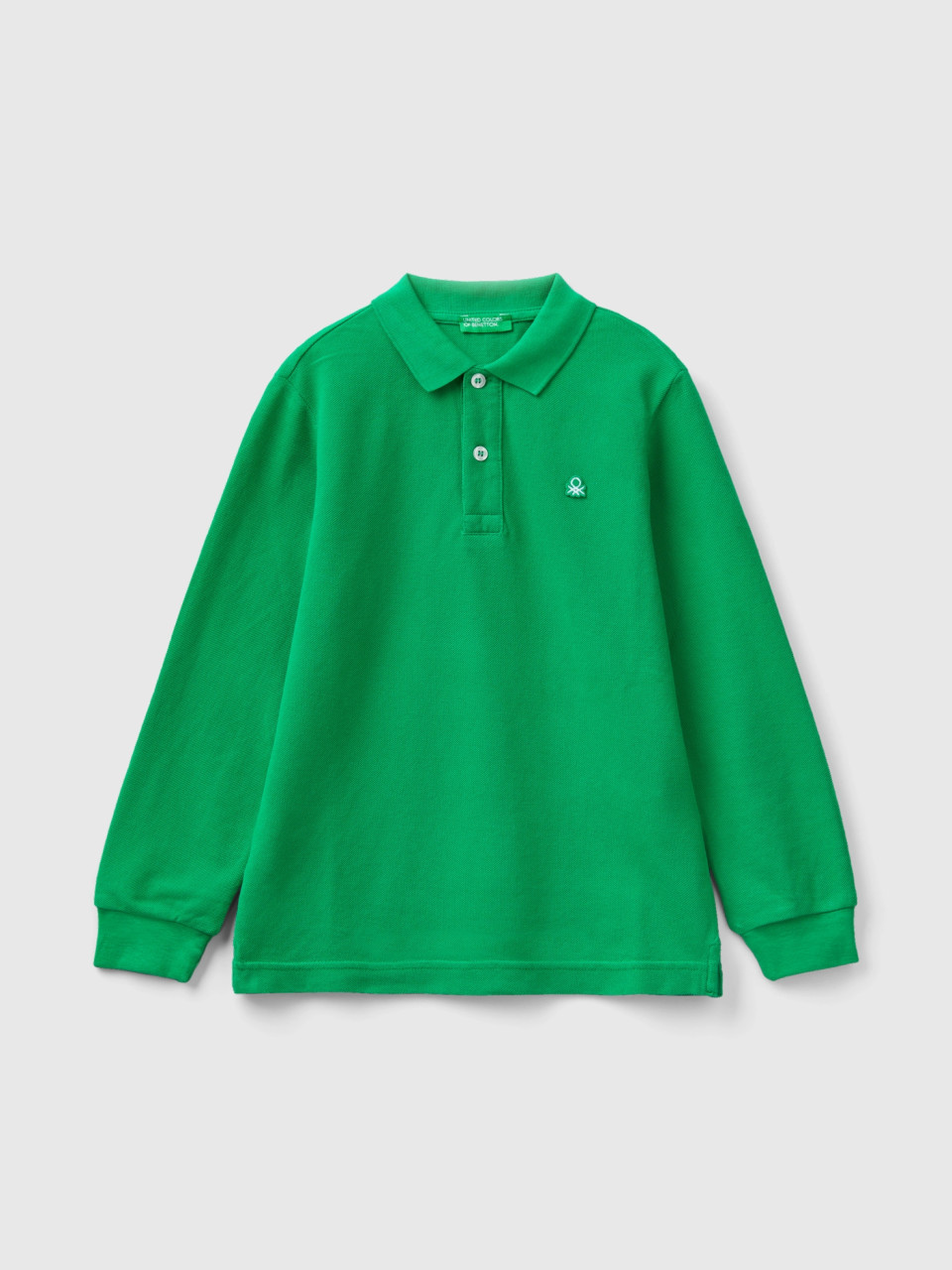 Benetton, 100% Organic Cotton Long Sleeve Polo, Green, Kids
