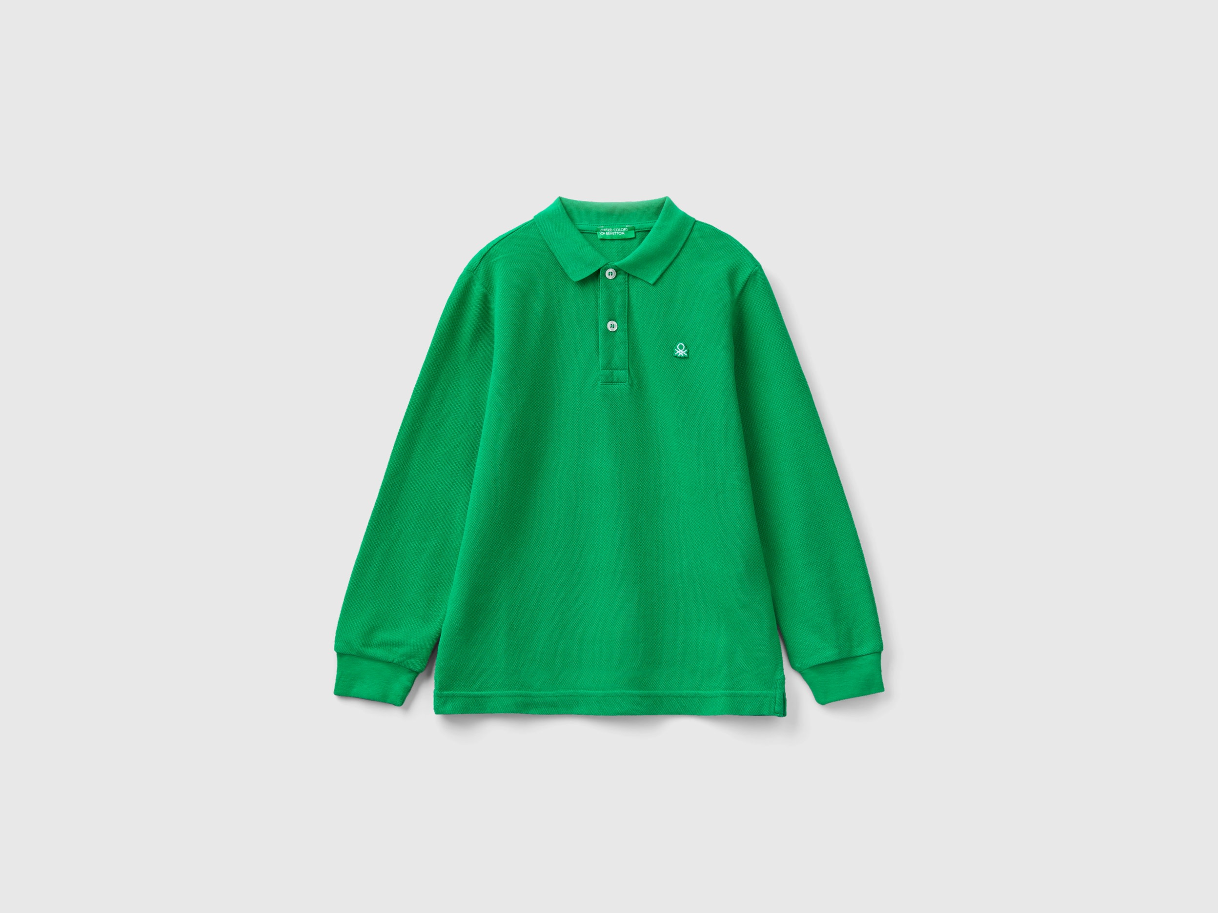 Benetton, 100% Organic Cotton Long Sleeve Polo, size L, Green, Kids