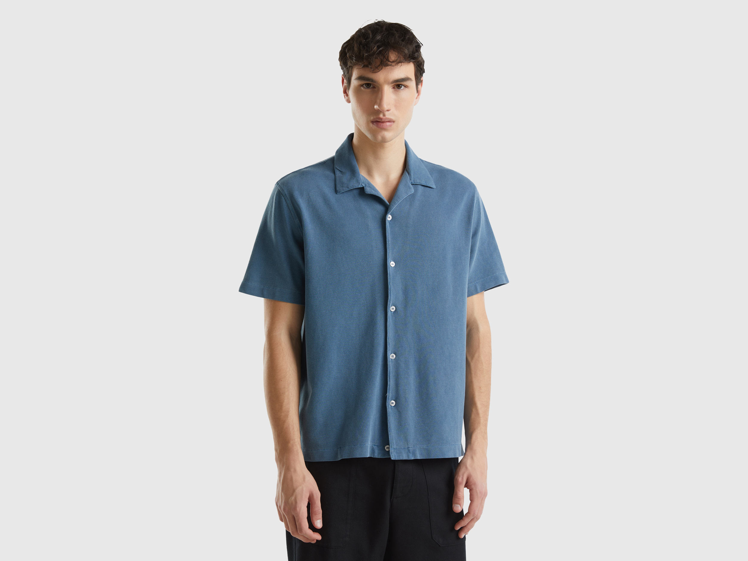 Image of Benetton, Organic Cotton Pique Shirt, size S, Air Force Blue, Men