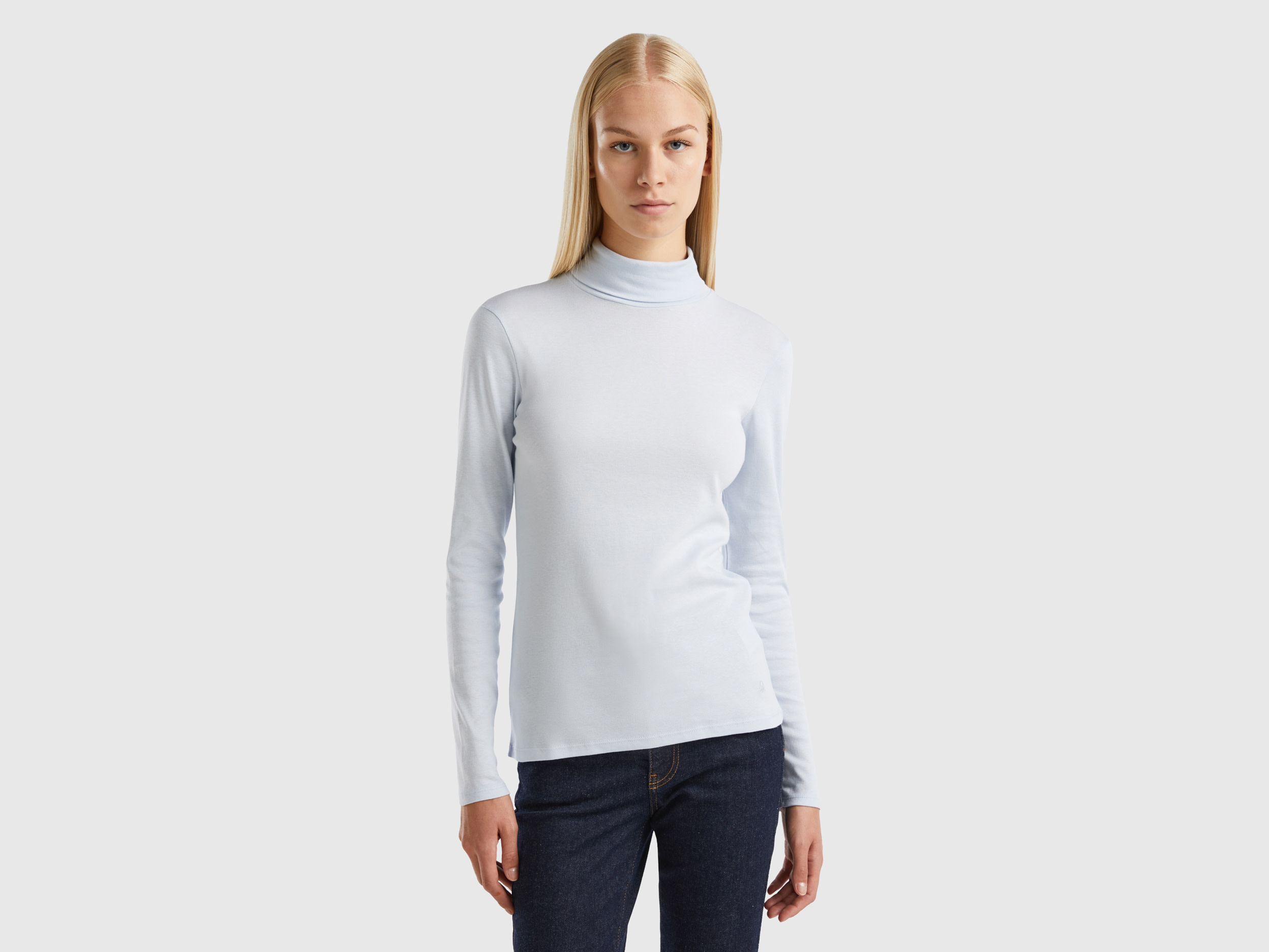 Benetton, Long Sleeve T-shirt With High Neck, size XS, Sky Blue, Women
