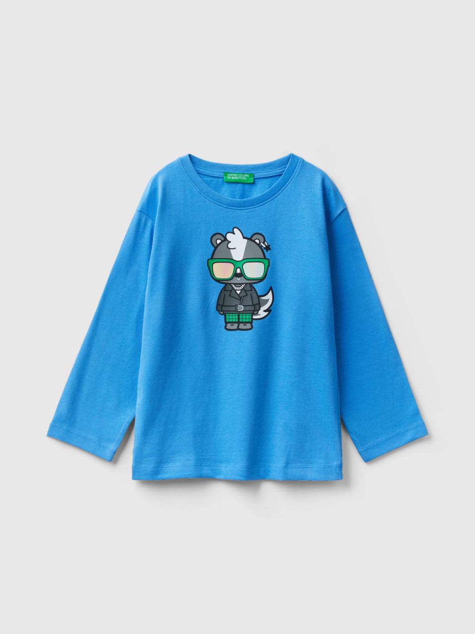 Benetton, Long Fiber Cotton T-shirt With Print, Bright Blue, Kids
