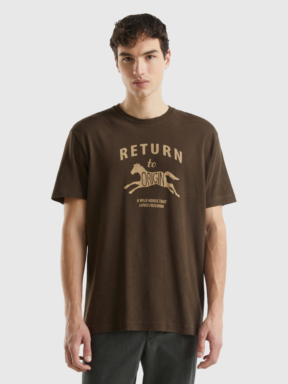 Benetton, T-shirt In Linen Blend, Dark Brown, Men