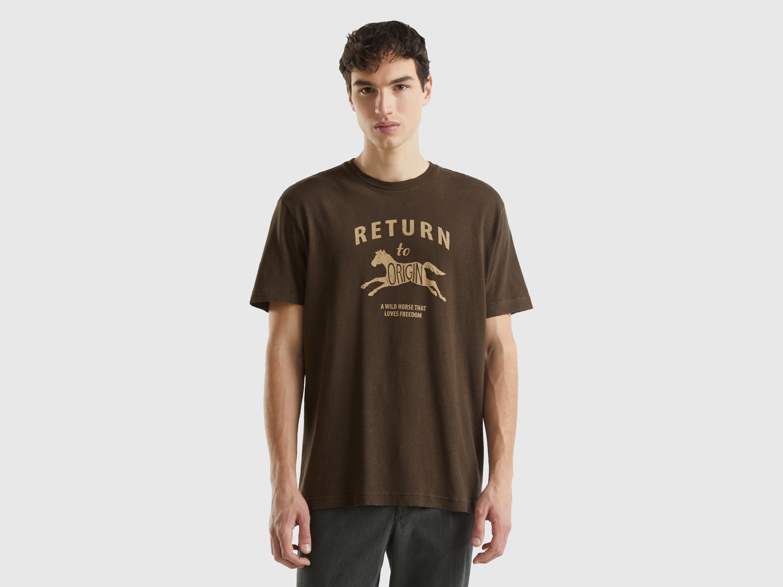 Benetton, Maglietta In Misto Lino, Marrone Scuro, Uomo
