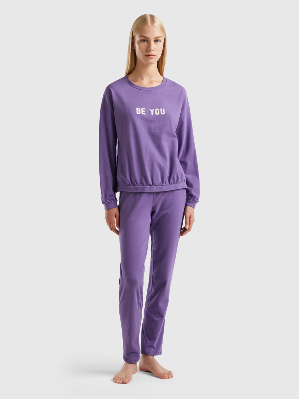 Benetton, Pyjama Long En Jersey Chaud, Violet, Femme