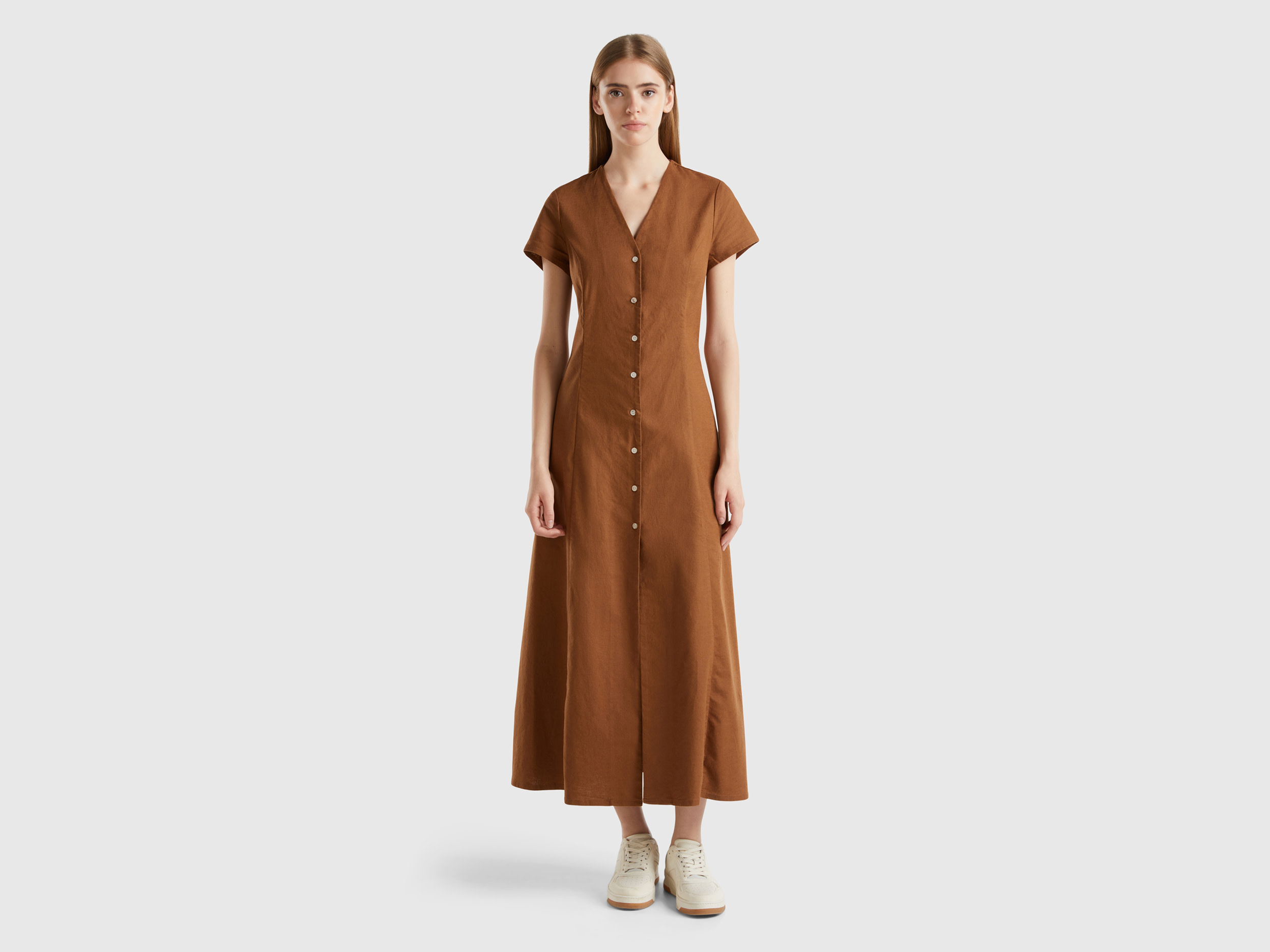 Benetton, Abito In Misto Cotone E Lino Stretch, Marrone, Donna