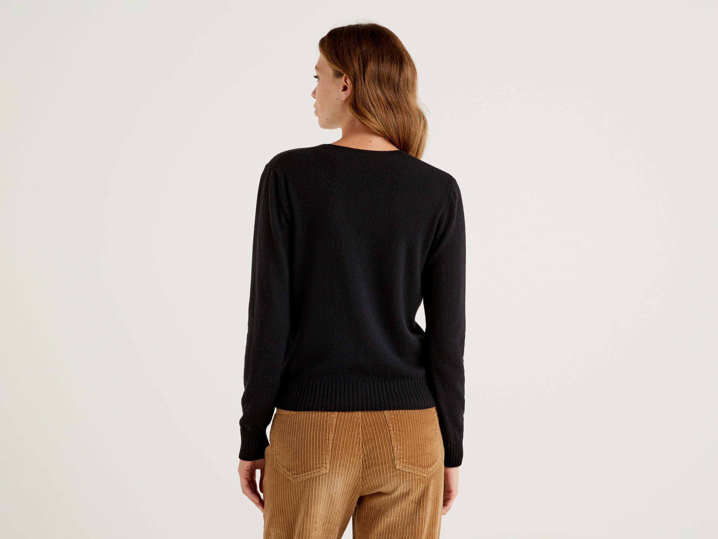 benetton, v-neck sweater in cashmere blend, taglia l, black, women