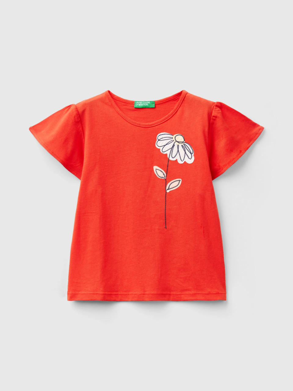 Benetton, T-shirt With Floral Embroidery, Red, Kids
