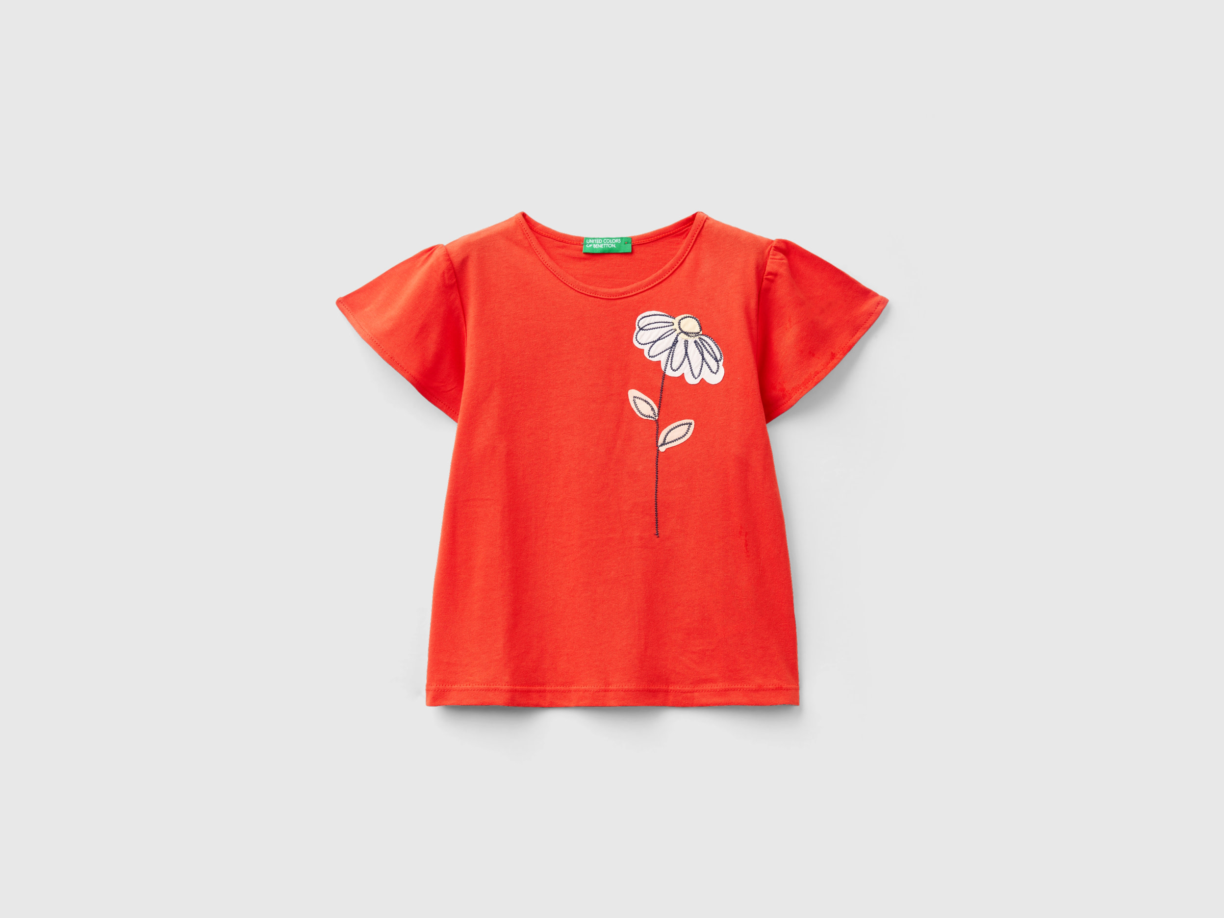 Benetton, Maglietta Con Ricamo Floreale, Rosso, Bambini