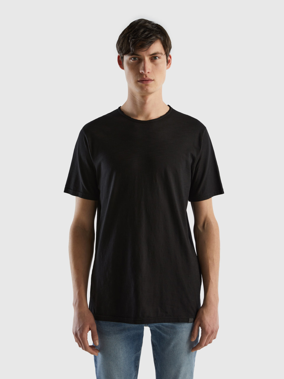 Benetton, Black T-shirt In Slub Cotton, Black, Men