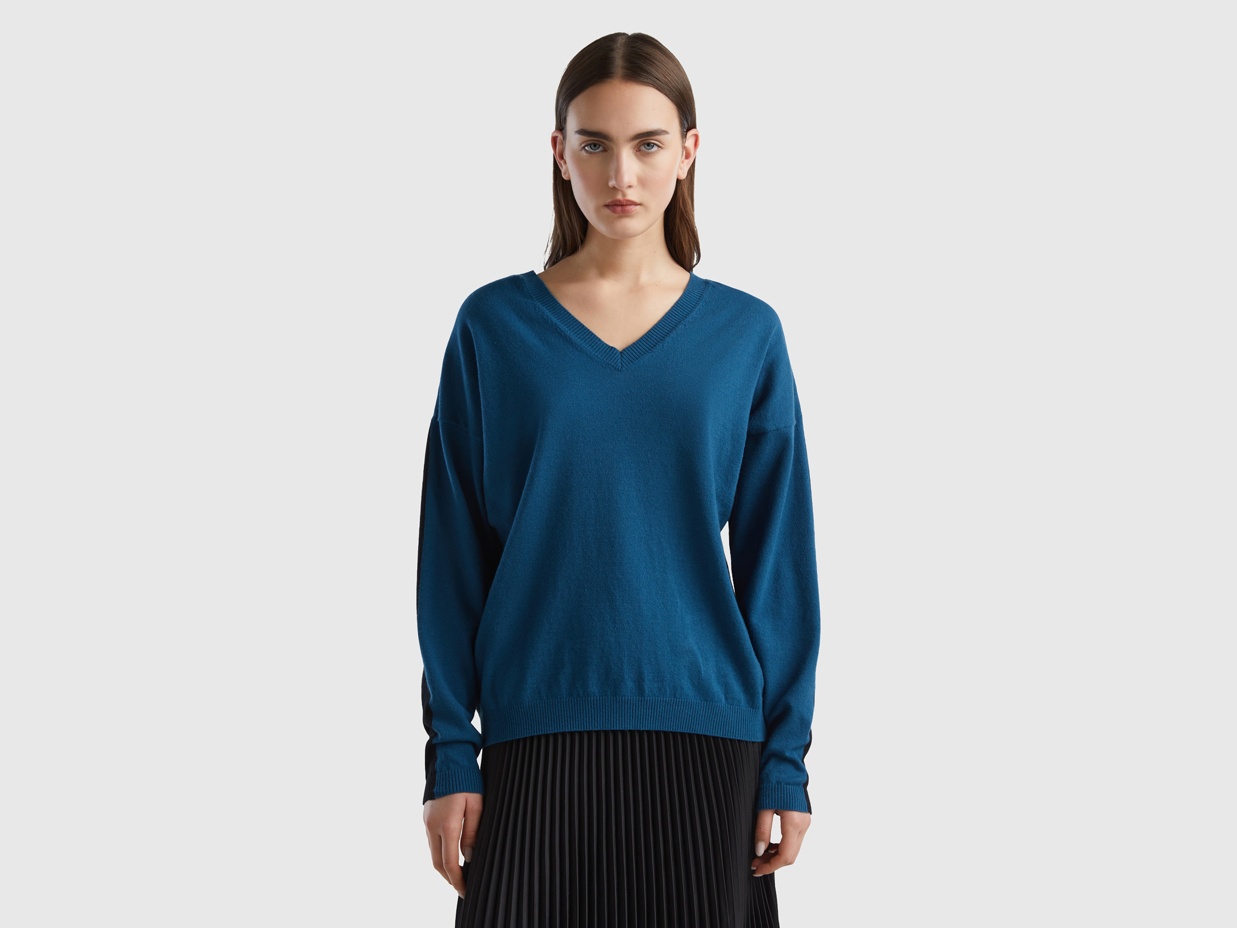 Benetton, Maglia In Misto Viscosa, Nero, Donna