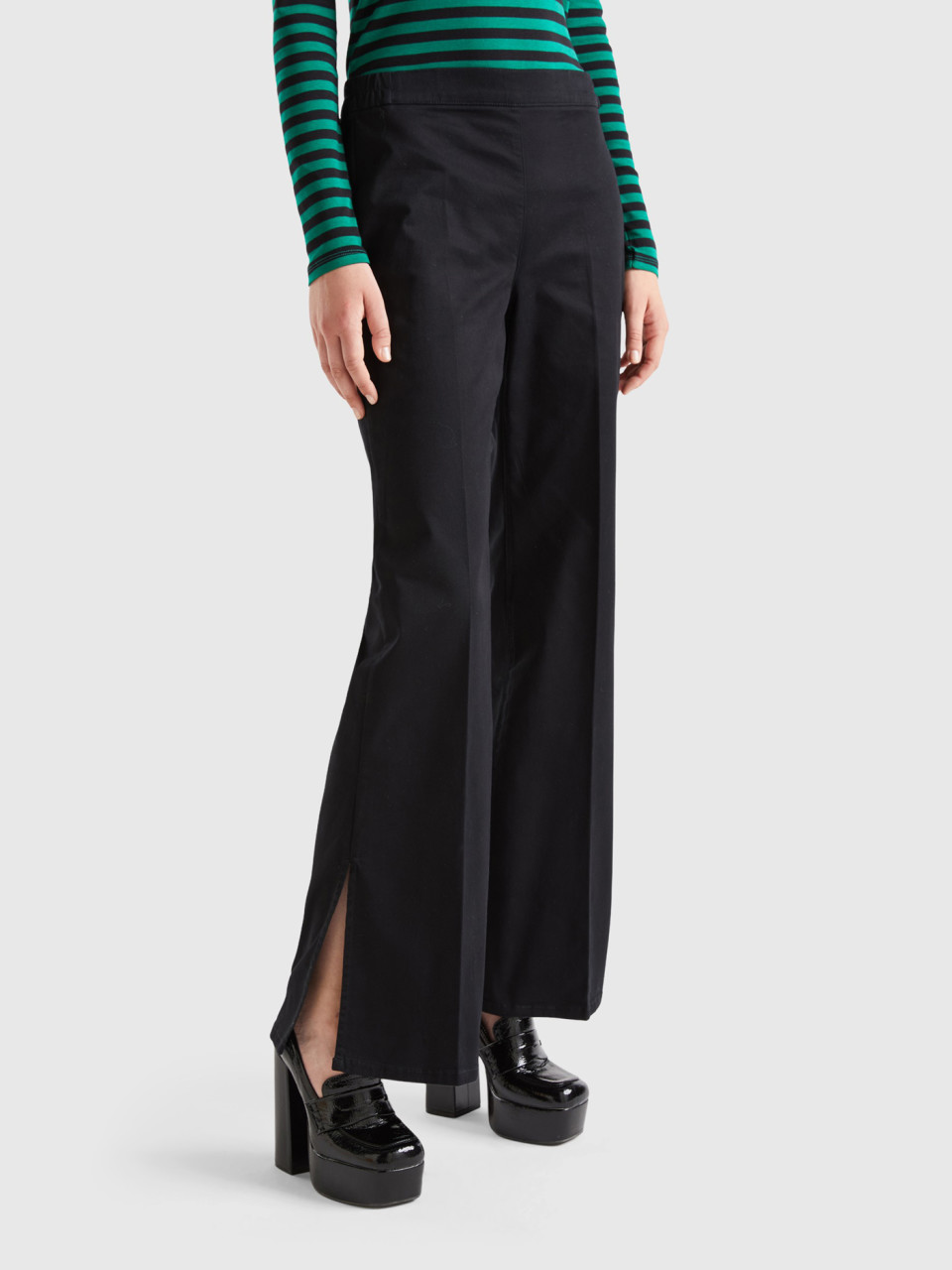 Benetton, Flared Trousers With Slits, Black, Women