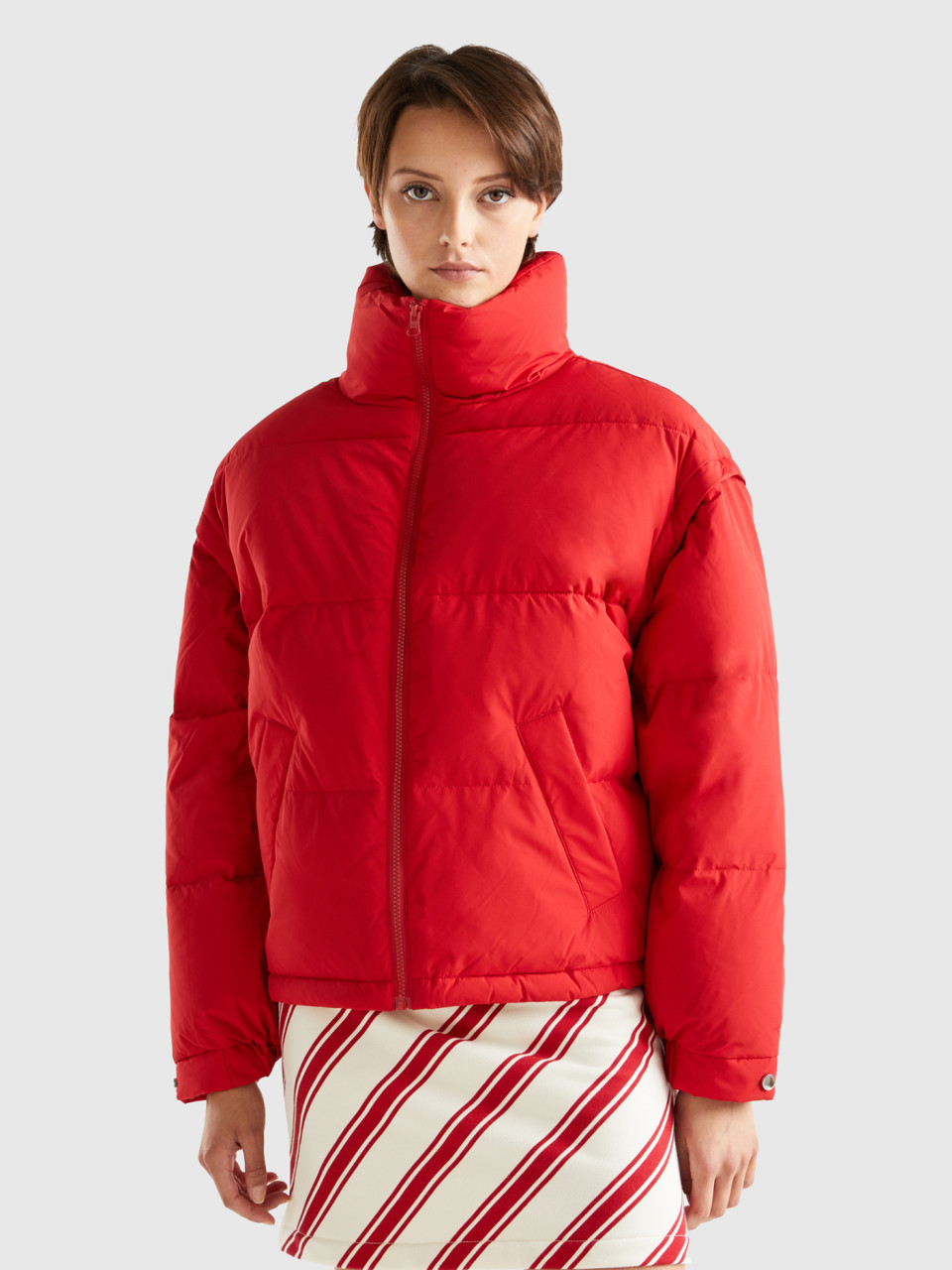 Benetton, Short Padded Jacket With Removable Sleeves, Red, Women