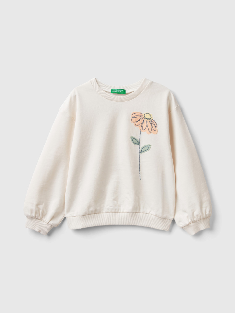 Benetton, Sweatshirt With Floral Embroidery, Creamy White, Kids