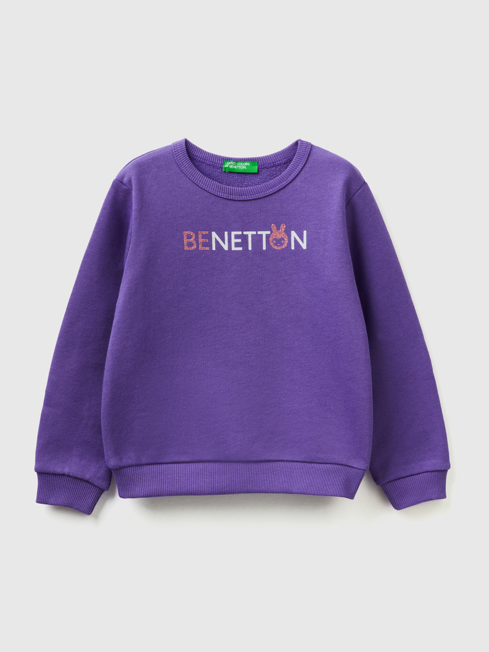 Benetton, Purple Sweatshirt In Organic Cotton With Glittery Print, Violet, Kids