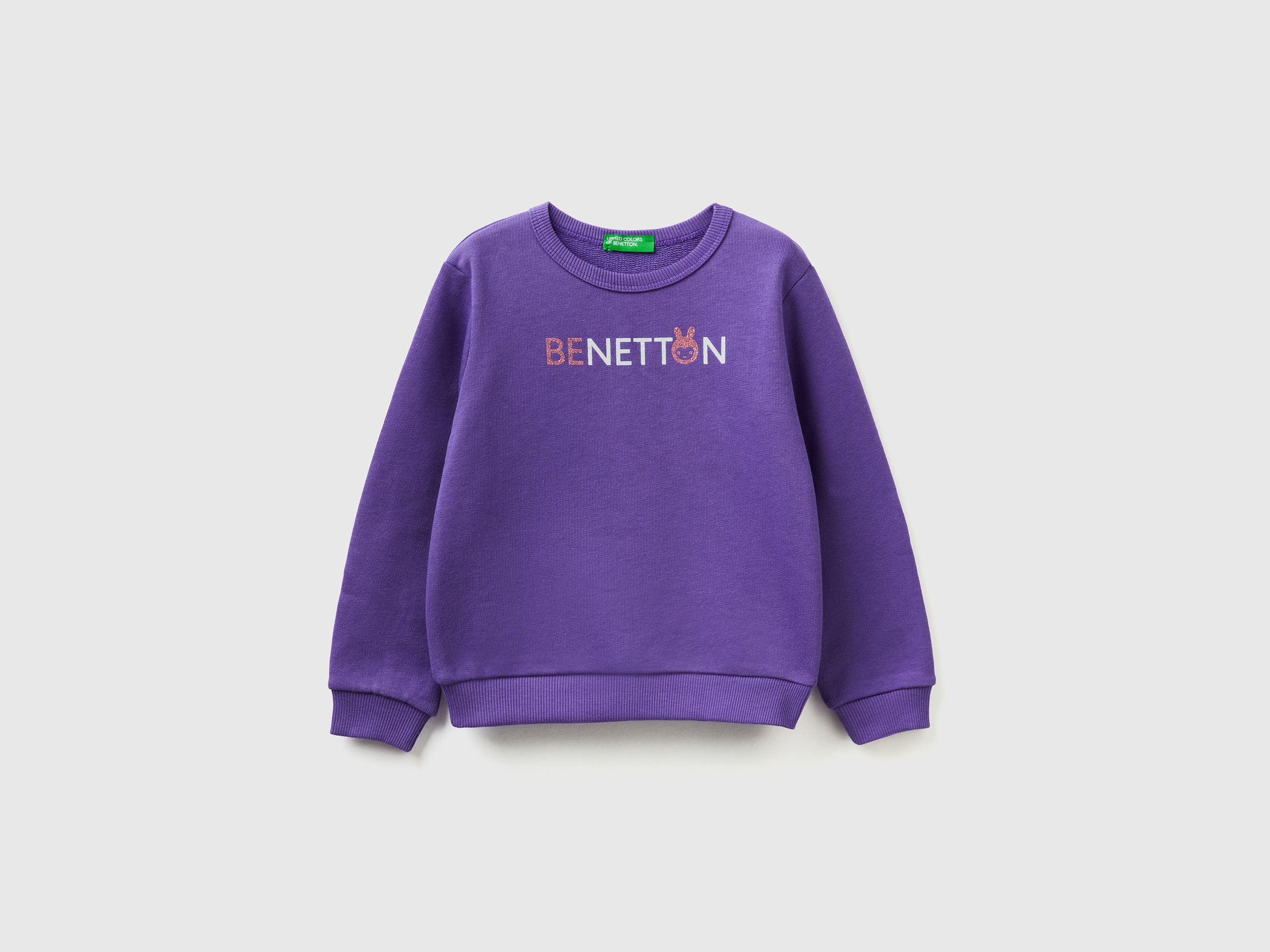 Benetton, Purple Sweatshirt In Organic Cotton With Glittery Print, size 12-18, Violet, Kids