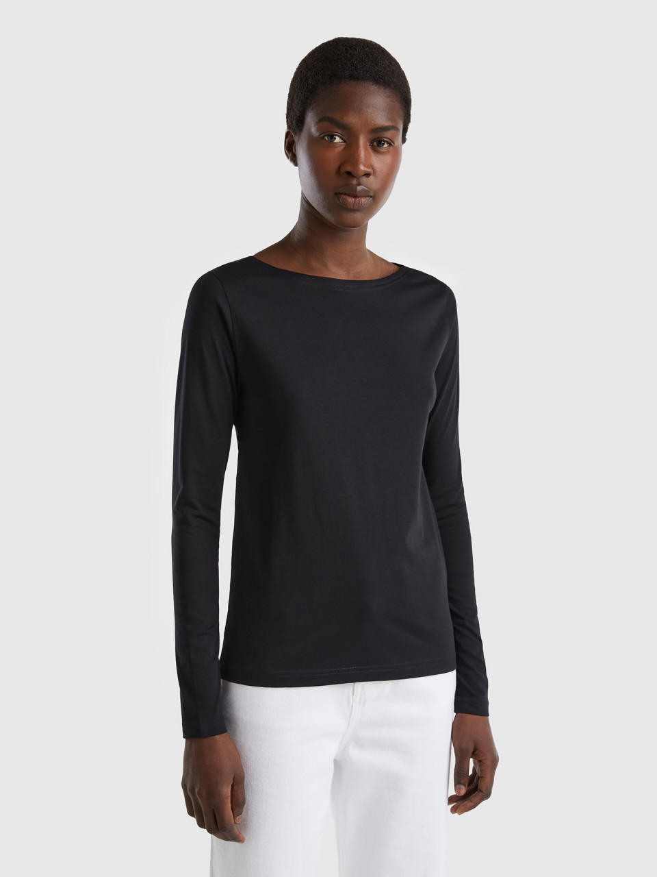 Benetton, Camiseta De 100 % Algodón Con Escote Barco, Negro, Mujer