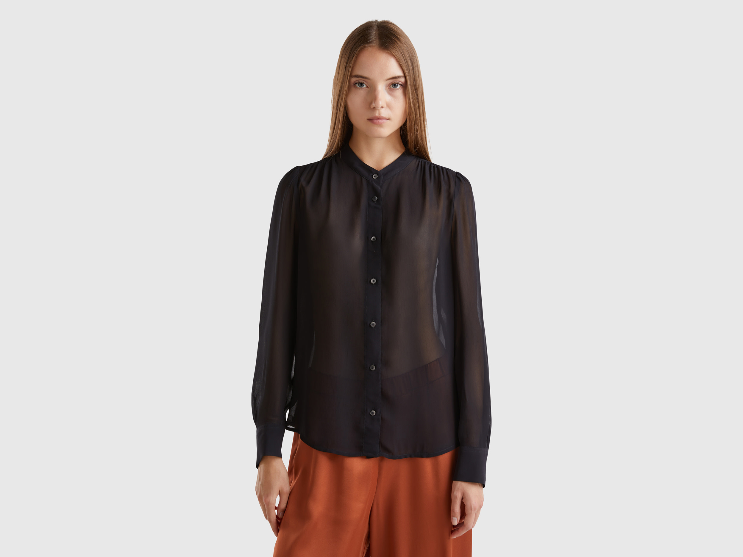 Benetton, Camicia Fluida Coreana, Nero, Donna
