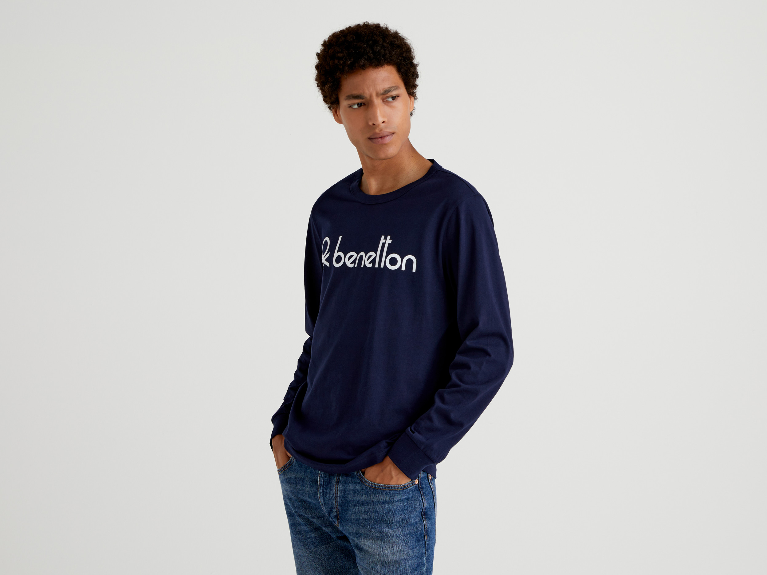 Benetton, T-shirt À Manches Longues Et Imprimé Logo, taille XXL, Bleu Foncé, Homme
