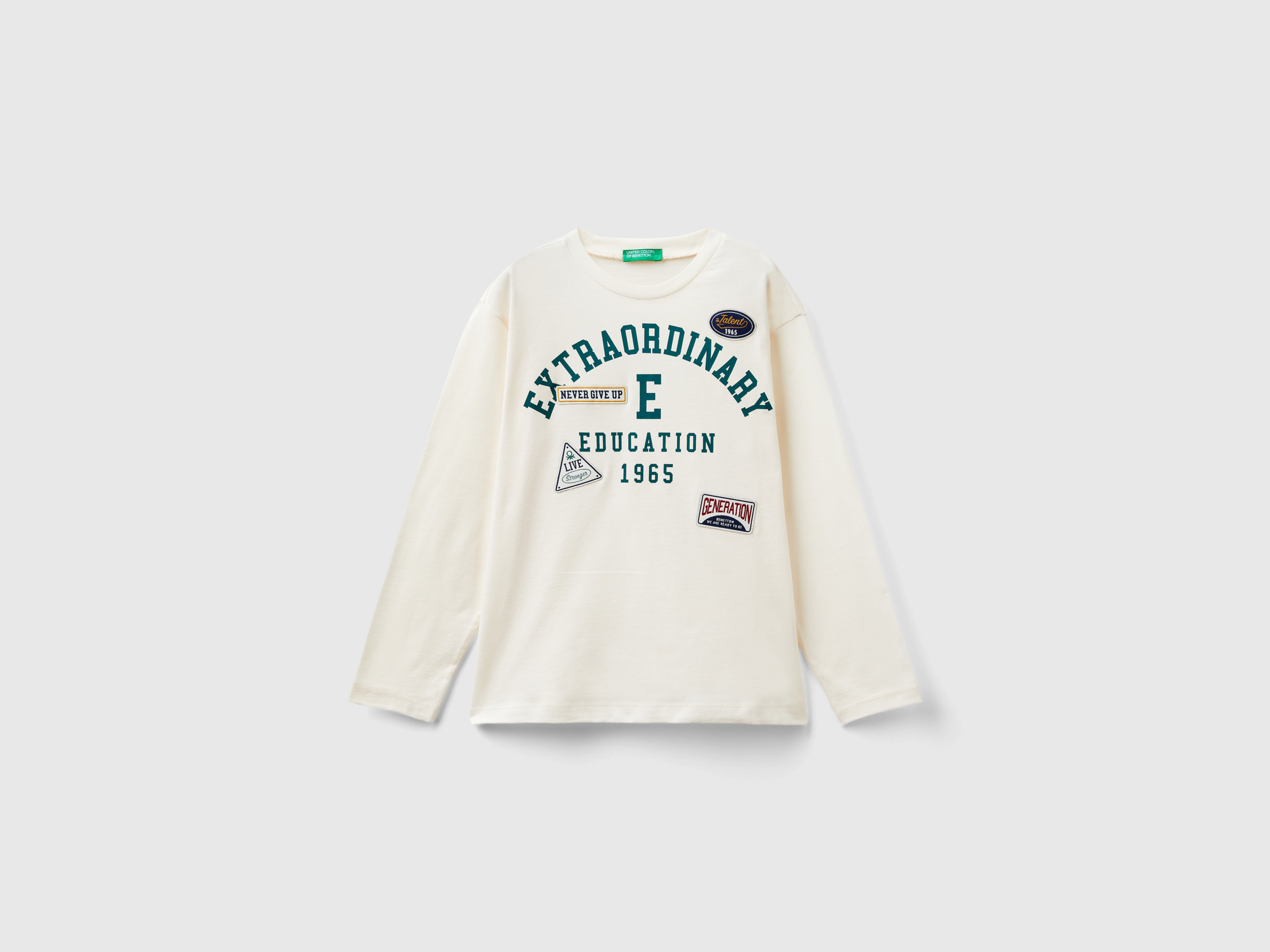 Benetton, T-shirt Con Stampa Effetto Velluto, Bianco Panna, Bambini