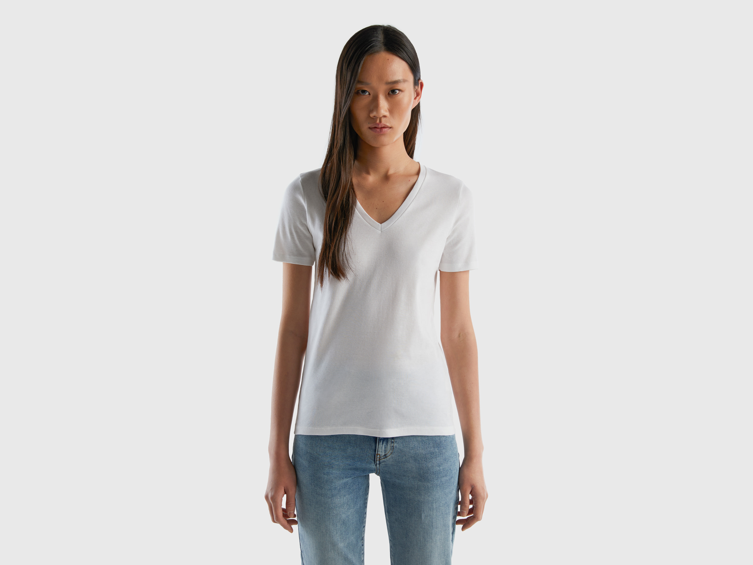 Benetton, Pure Cotton T-shirt With V-neck, size S, White, Women