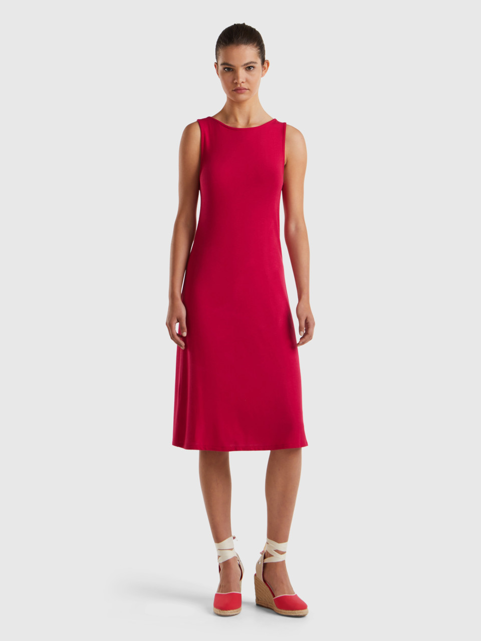 Benetton, Reversible Dress In Stretch Viscose, Cyclamen, Women