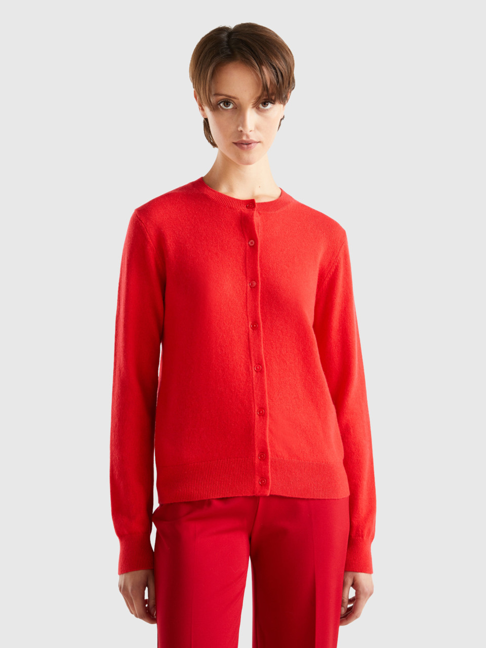 Benetton, Coral Red Cardigan In Pure Cashmere, , Women
