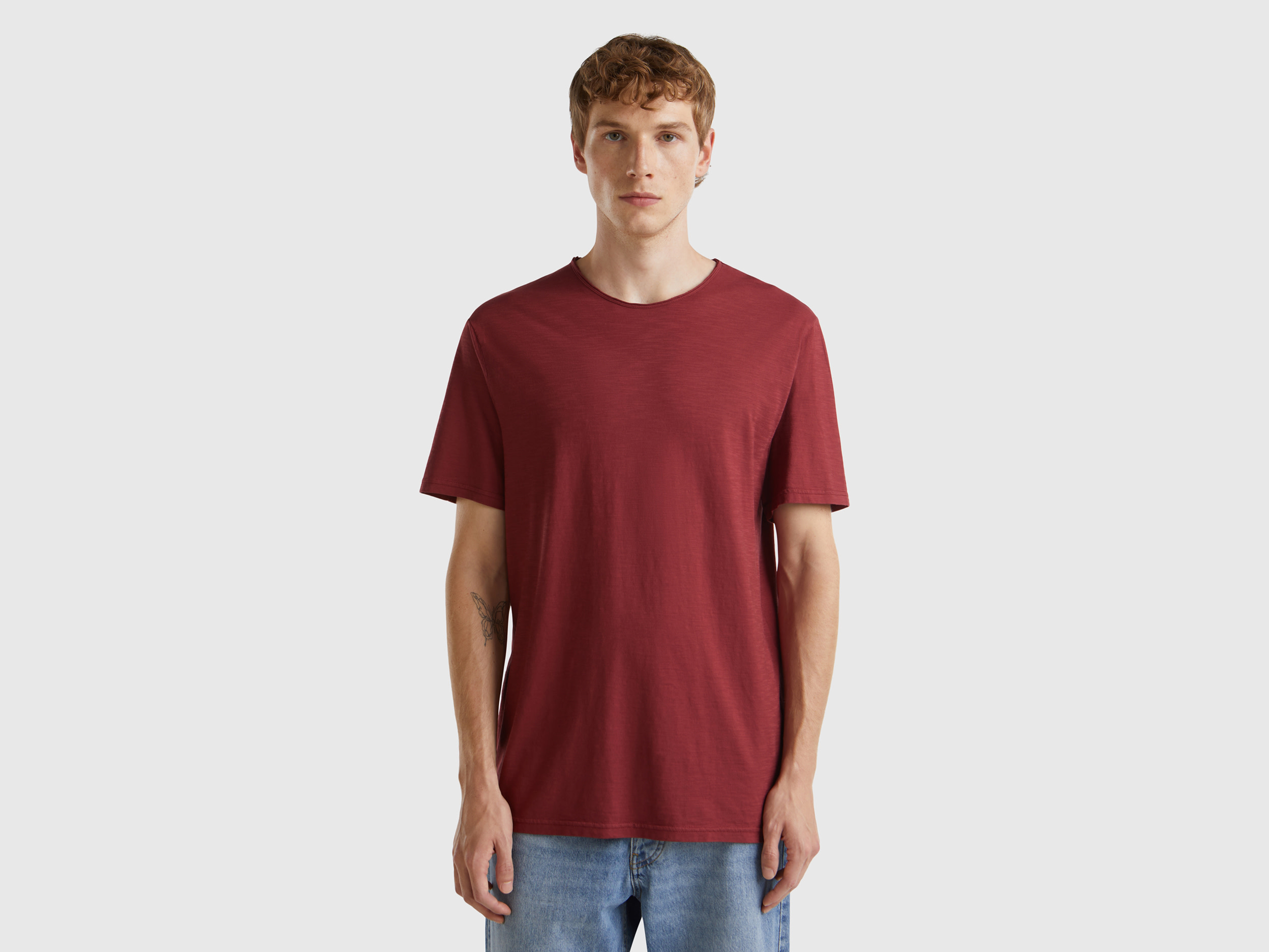 Benetton, T-shirt Bordeaux In Cotone Fiammato, Bordeaux, Uomo
