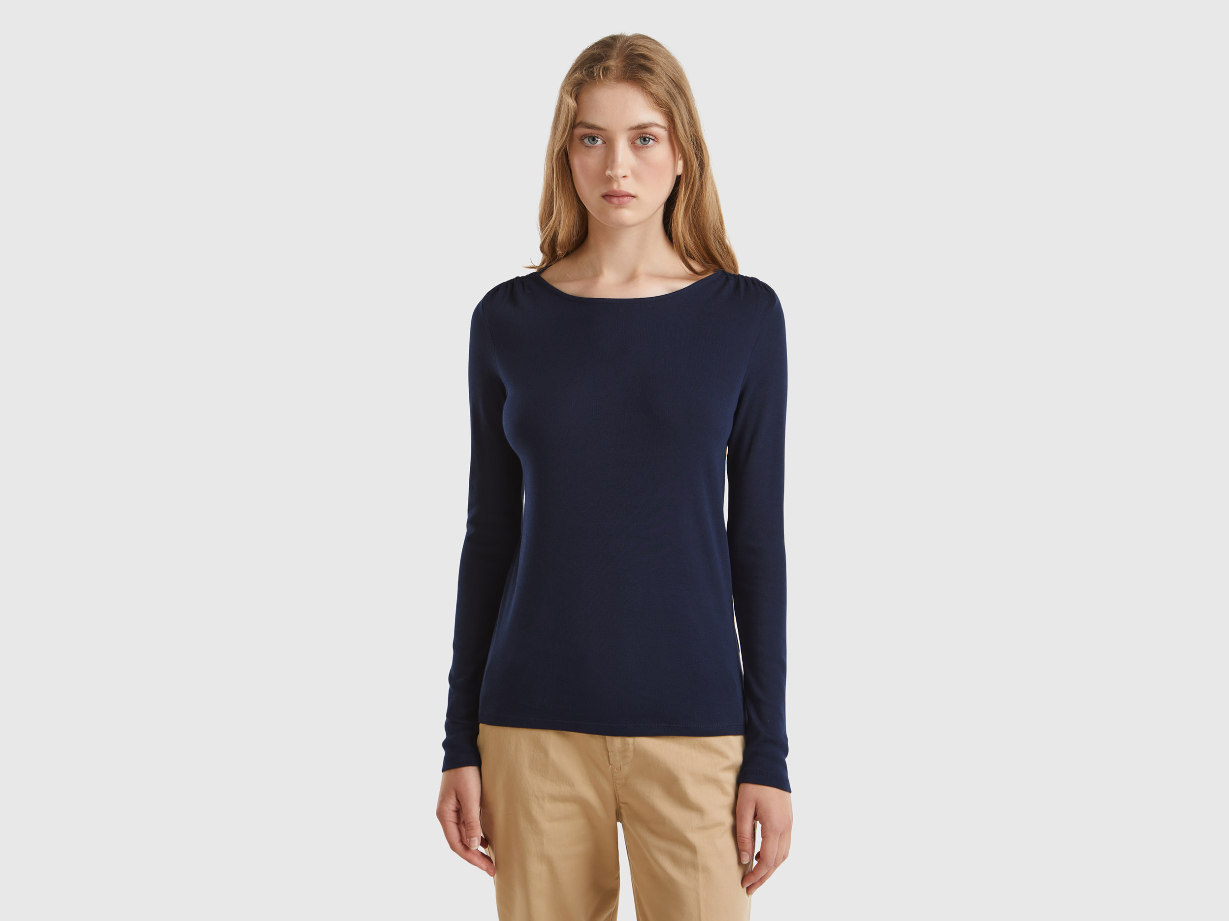Benetton, Maglietta Manica Lunga In Puro Cotone, Blu Scuro, Donna
