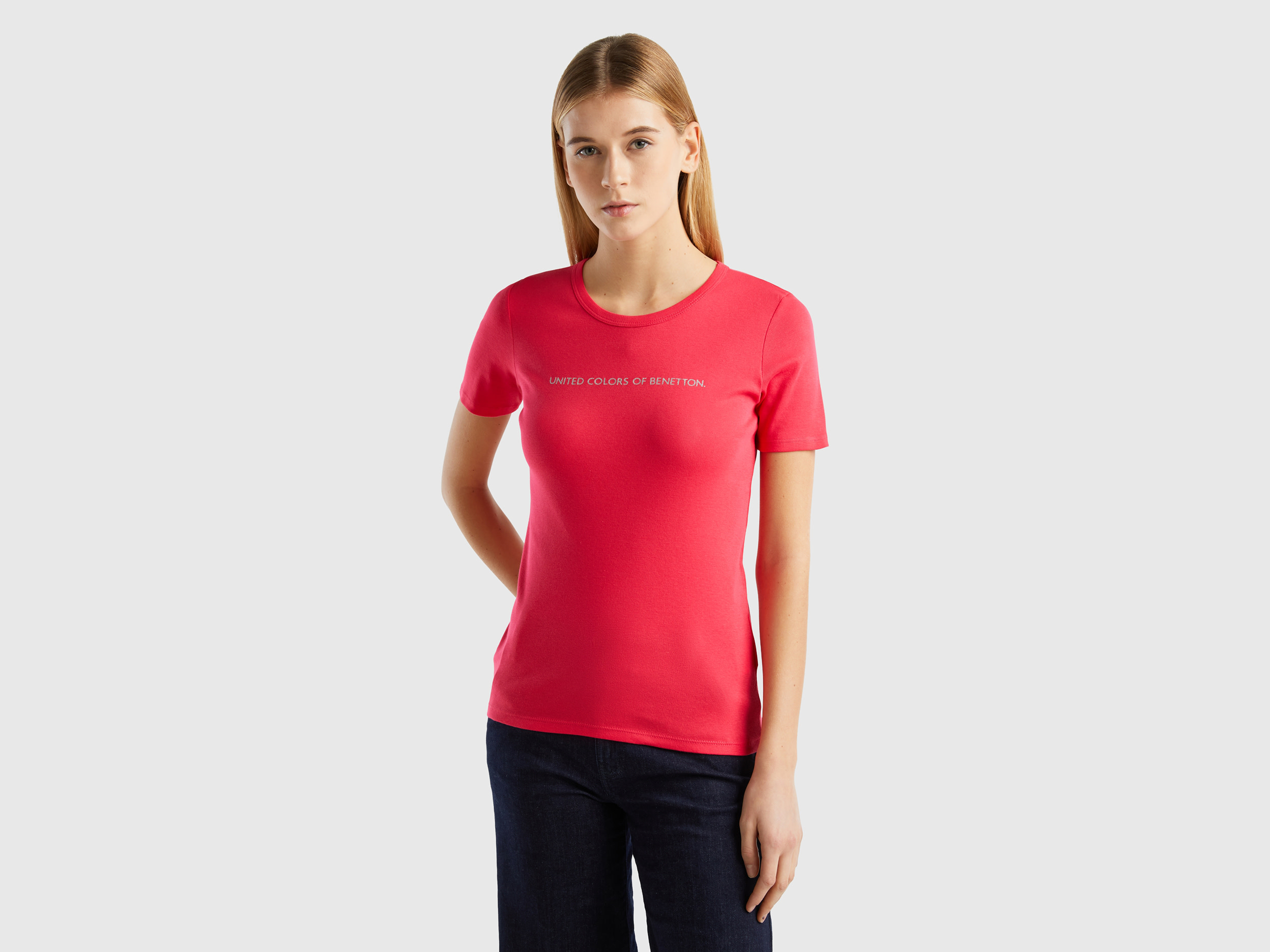 Benetton, T-shirt In 100% Cotton With Glitter Print Logo, size XL, Fuchsia, Women