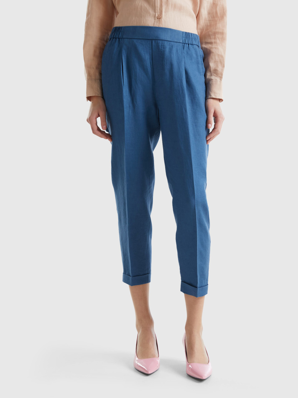 Benetton, Cropped Trousers In 100% Linen, Air Force Blue, Women