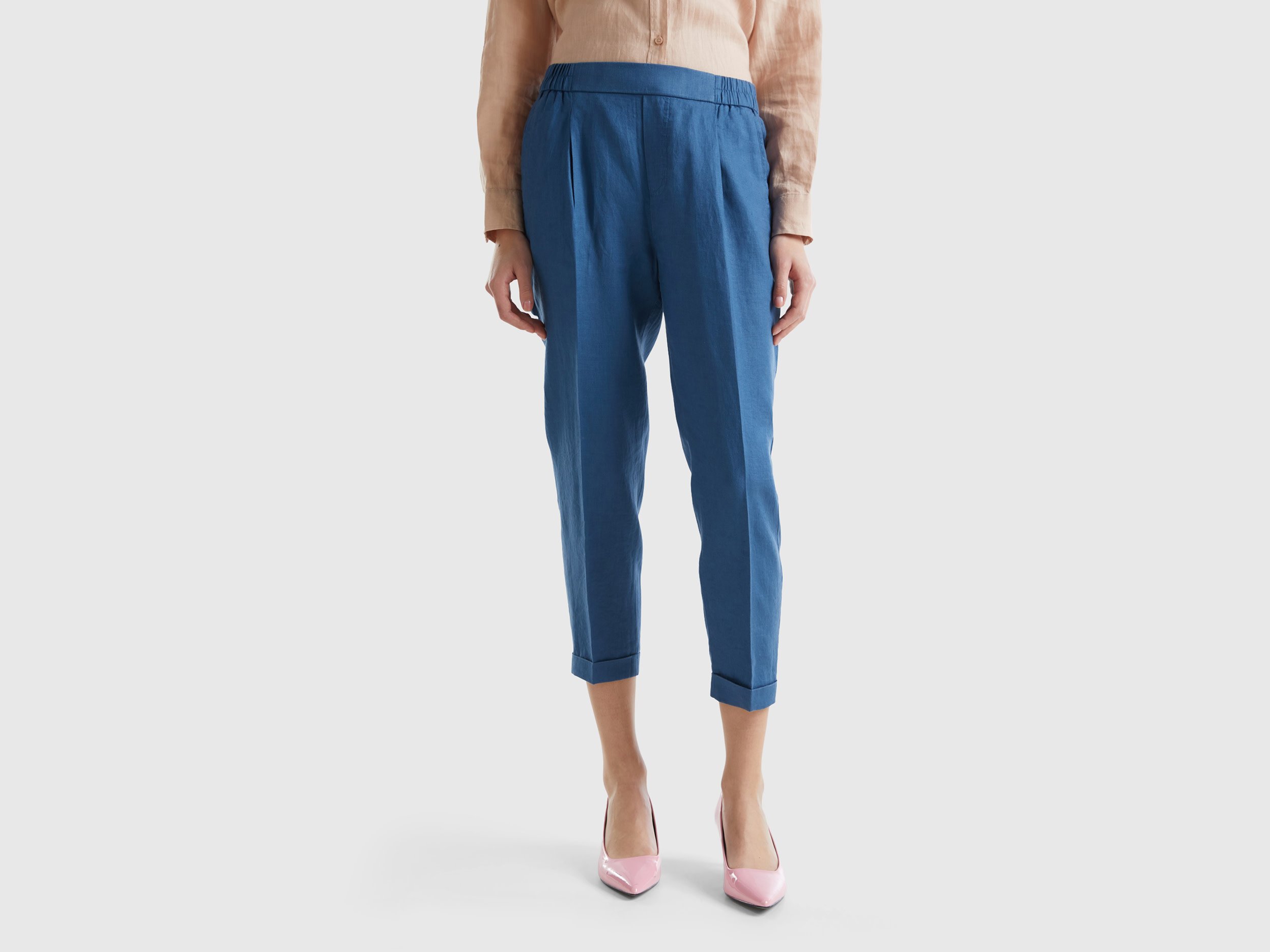Benetton, Pantaloni Cropped In 100% Lino, Avio, Donna